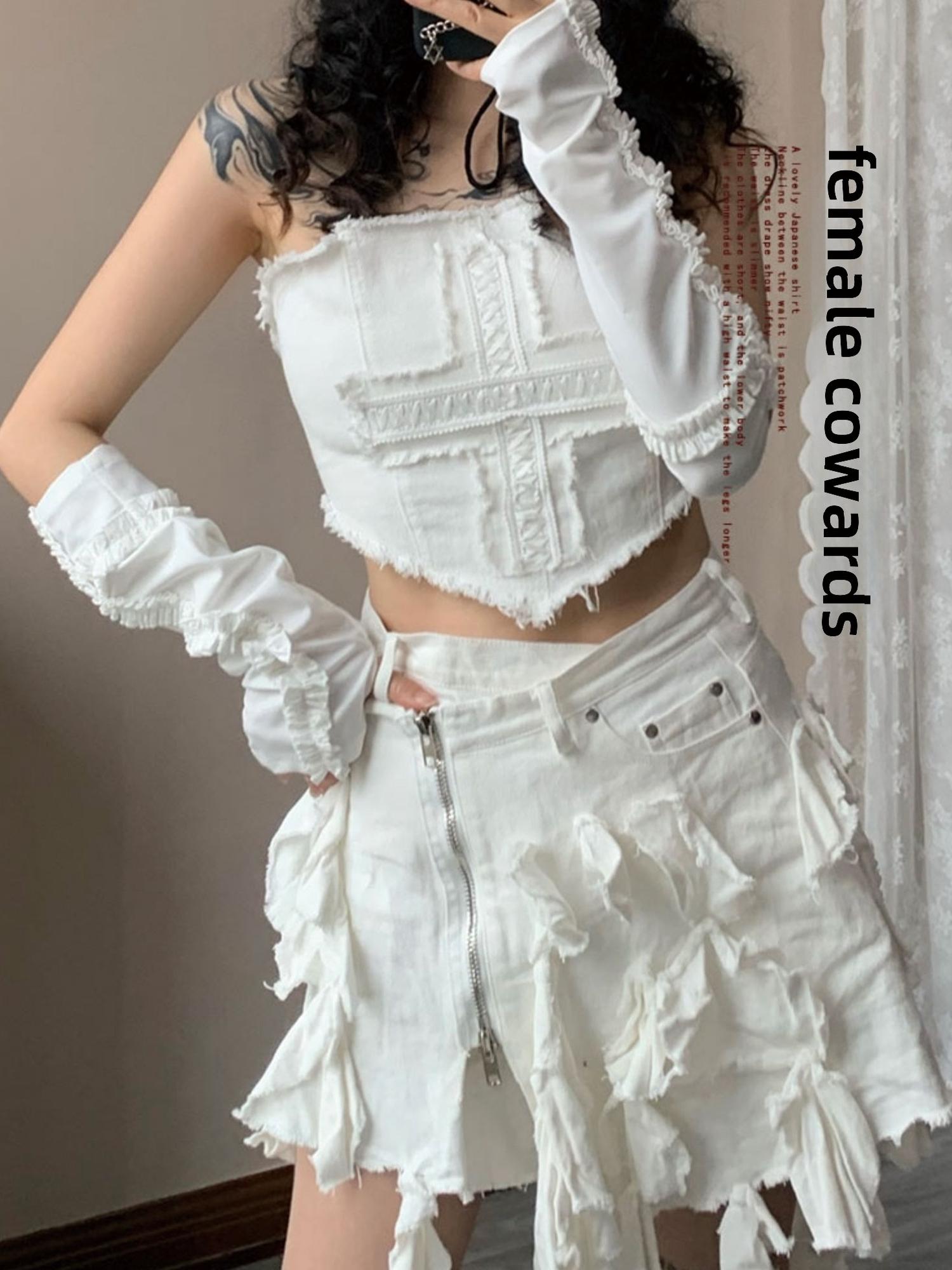 WSW WUSHENWU Y2K Angel Sleeve Cross Lace Pure White Top With Detachable Belt