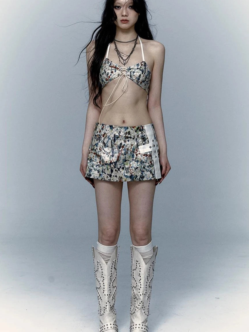 Y2K Bikini Top Skirt Set Beach Outfit Swimsuit