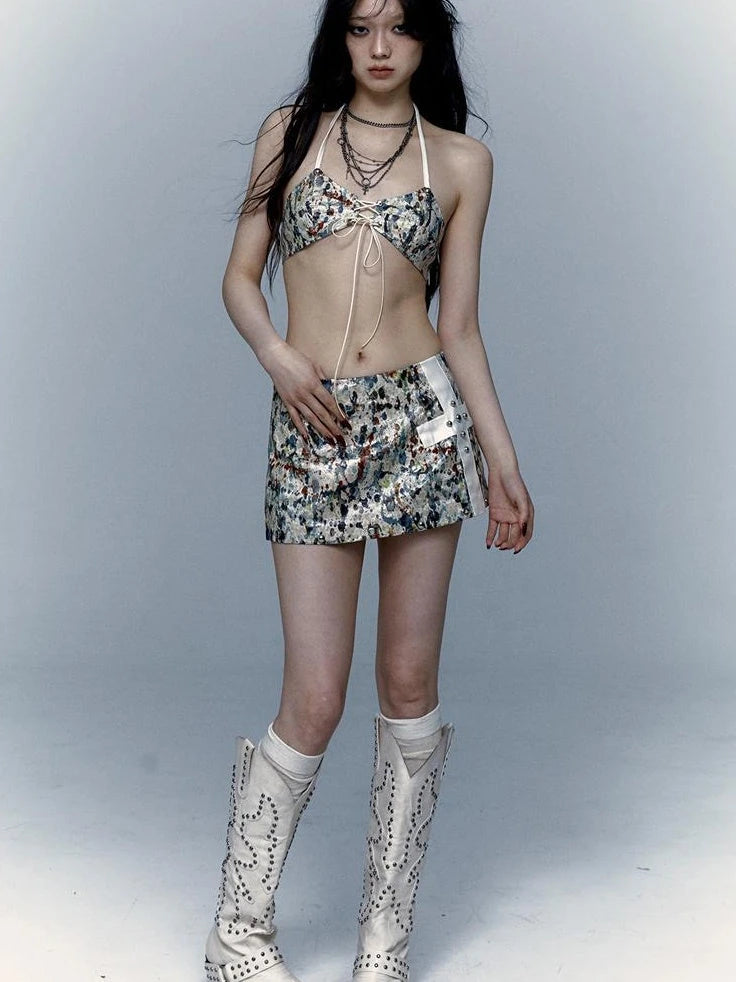 Y2K Bikini Top Skirt Set Beach Outfit Swimsuit