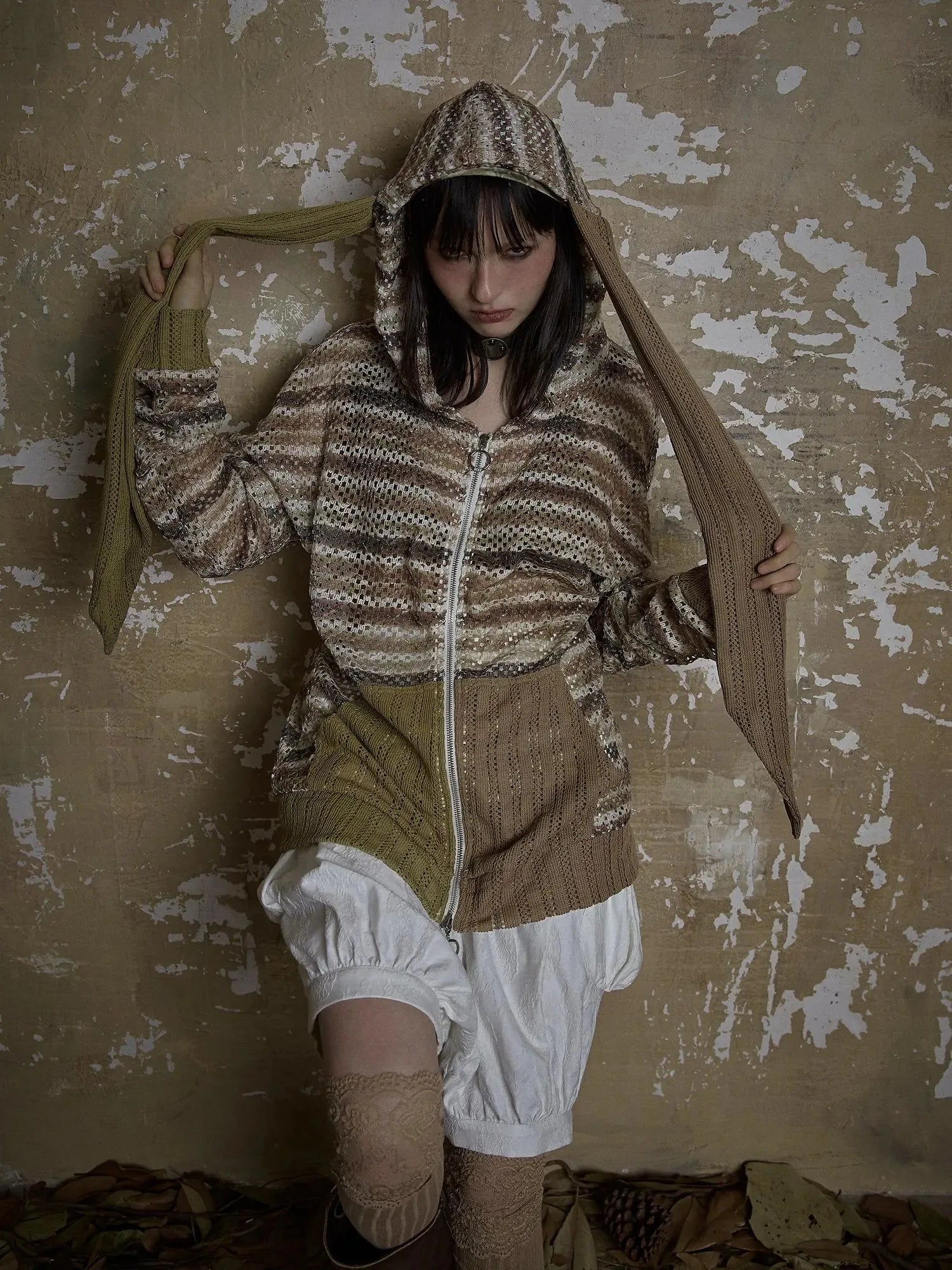 Y2K Bunny Ear Striped Cutout Oversized Hoodie