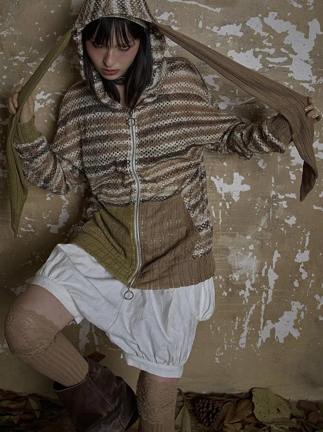 Y2K Bunny Ear Striped Cutout Oversized Hoodie