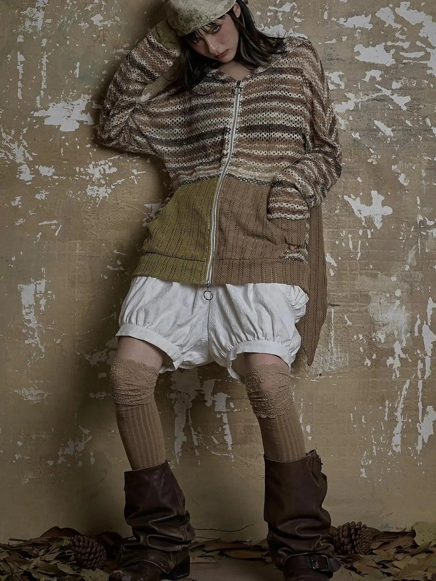 Y2K Bunny Ear Striped Cutout Oversized Hoodie