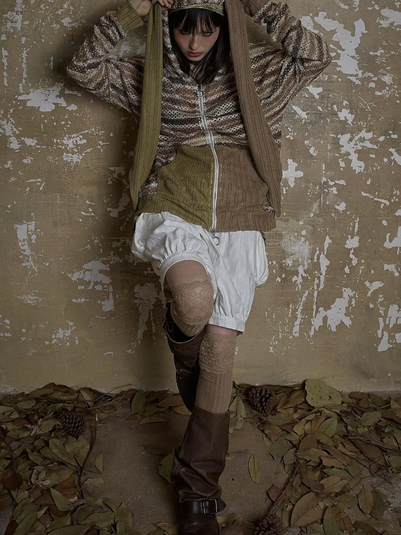 Y2K Bunny Ear Striped Cutout Oversized Hoodie