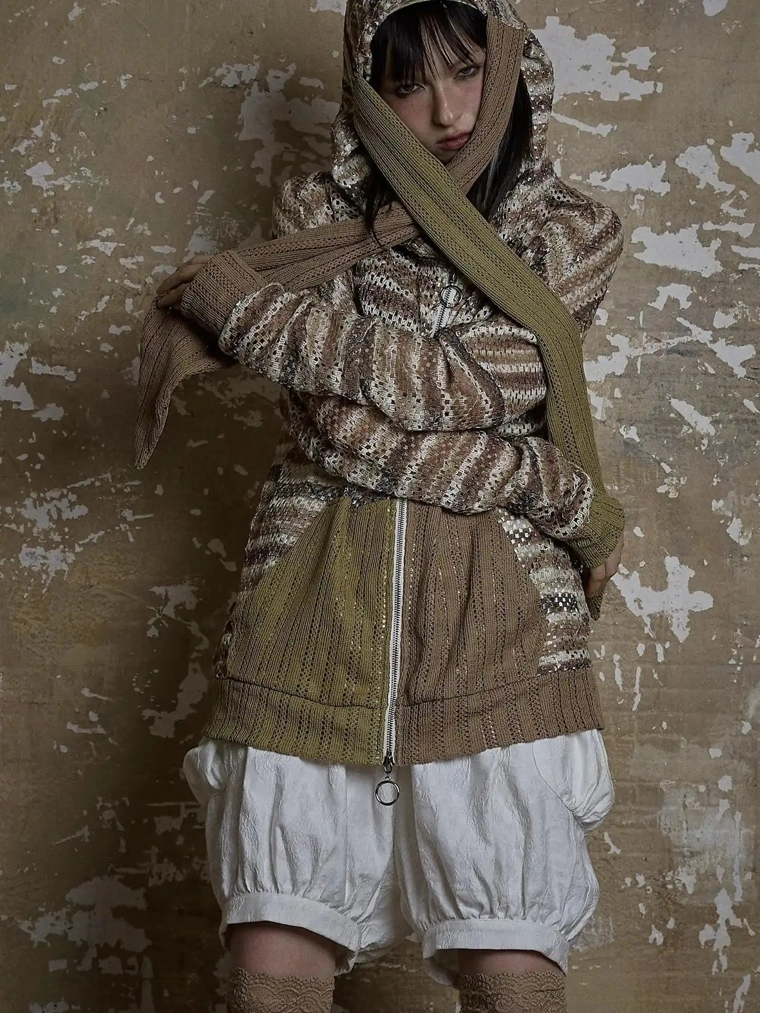 Y2K Bunny Ear Striped Cutout Oversized Hoodie