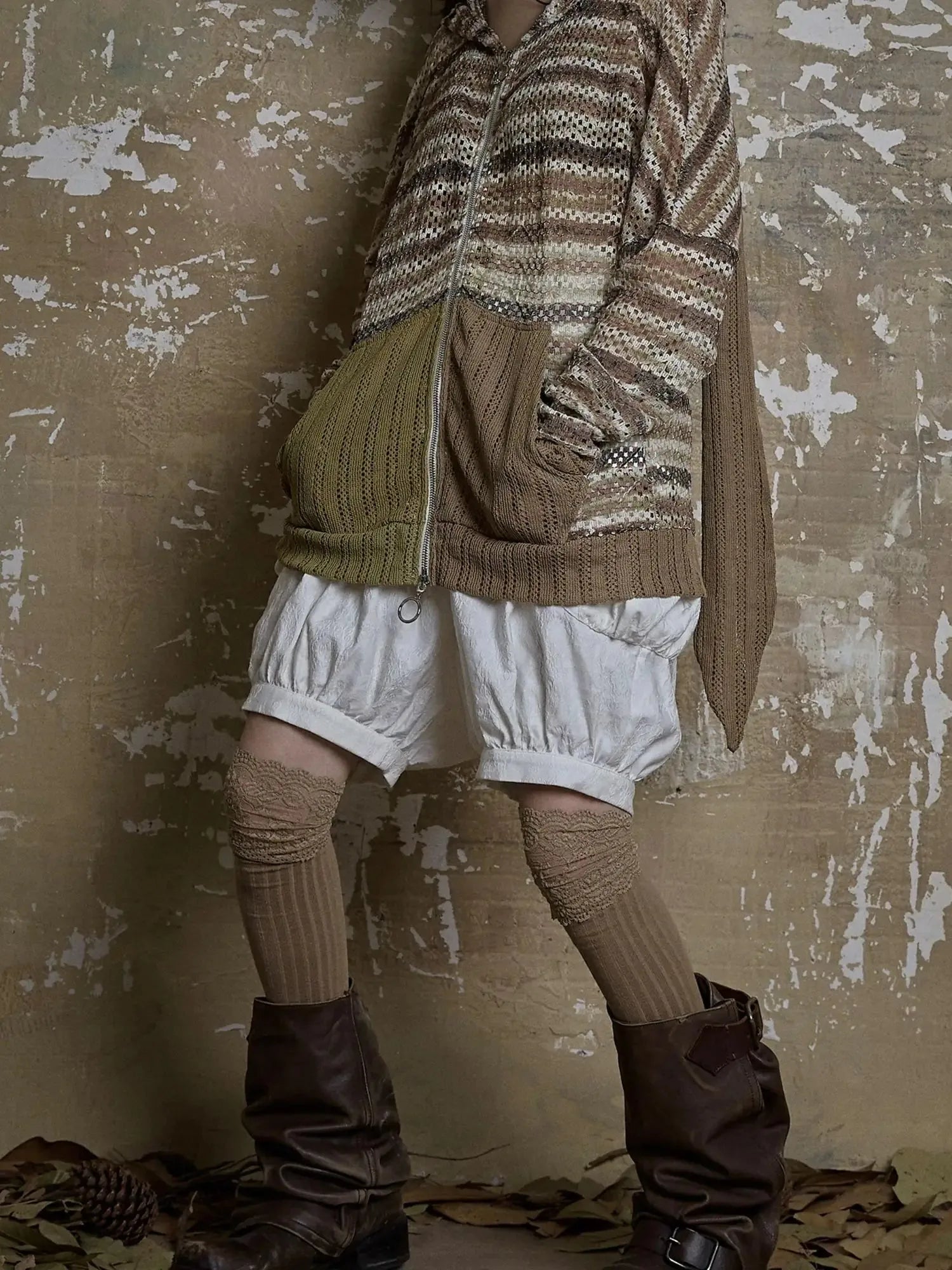 Y2K Bunny Ear Striped Cutout Oversized Hoodie