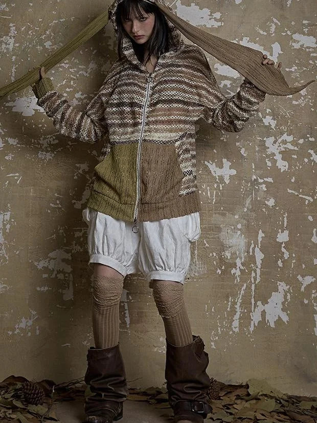 Y2K Bunny Ear Striped Cutout Oversized Hoodie