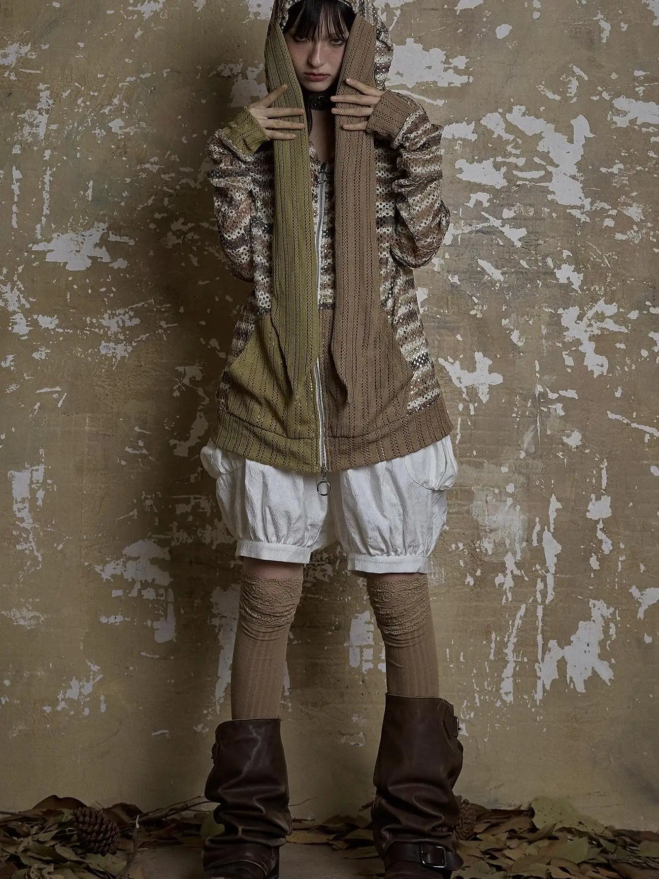 Y2K Bunny Ear Striped Cutout Oversized Hoodie
