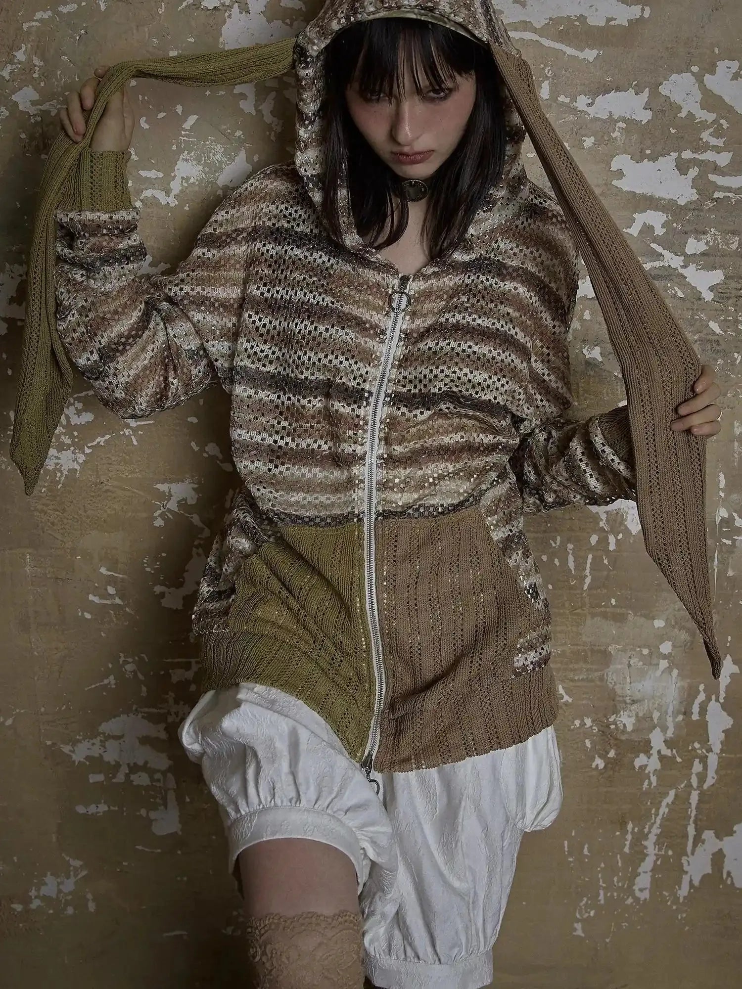 Y2K Bunny Ear Striped Cutout Oversized Hoodie