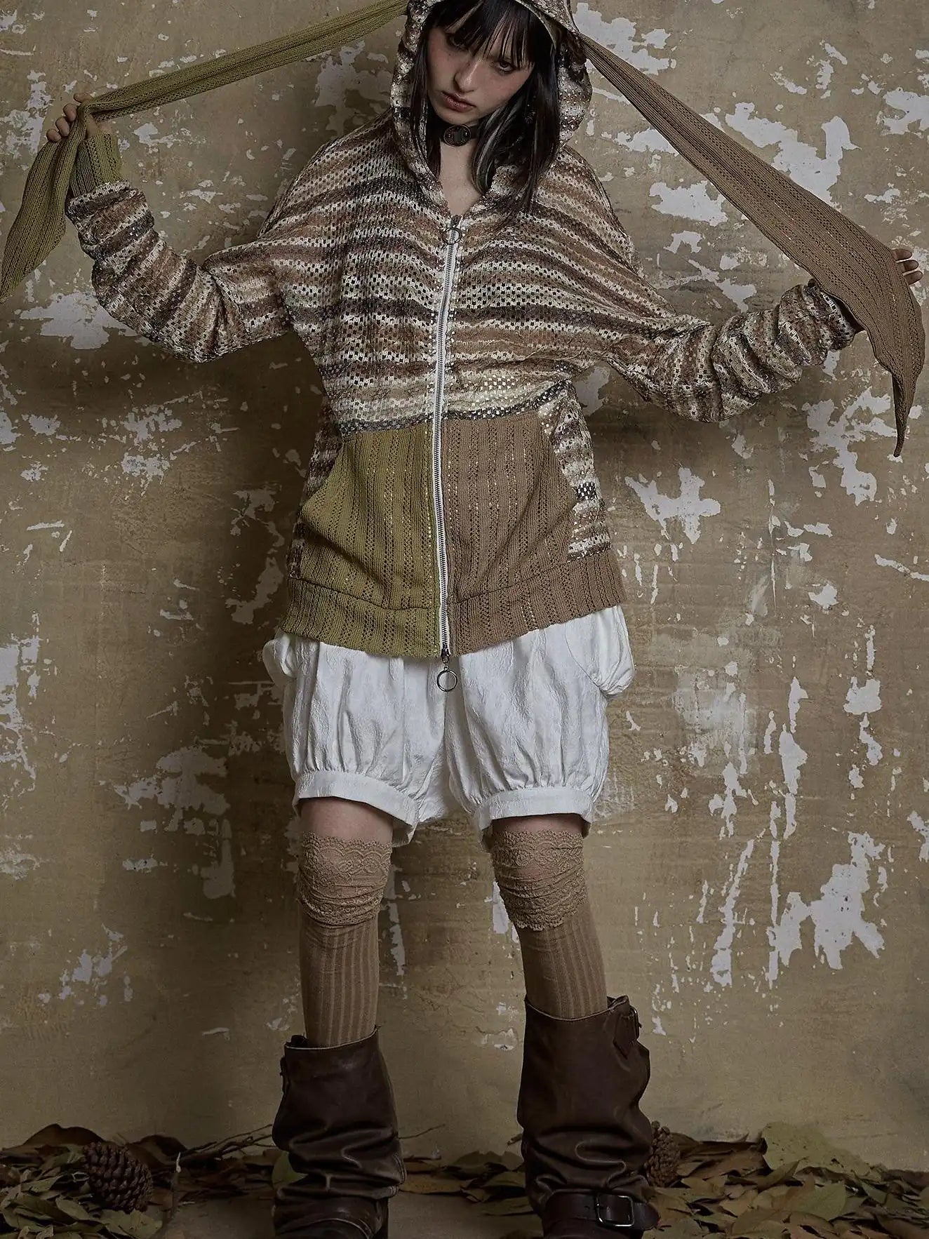 Y2K Bunny Ear Striped Cutout Oversized Hoodie