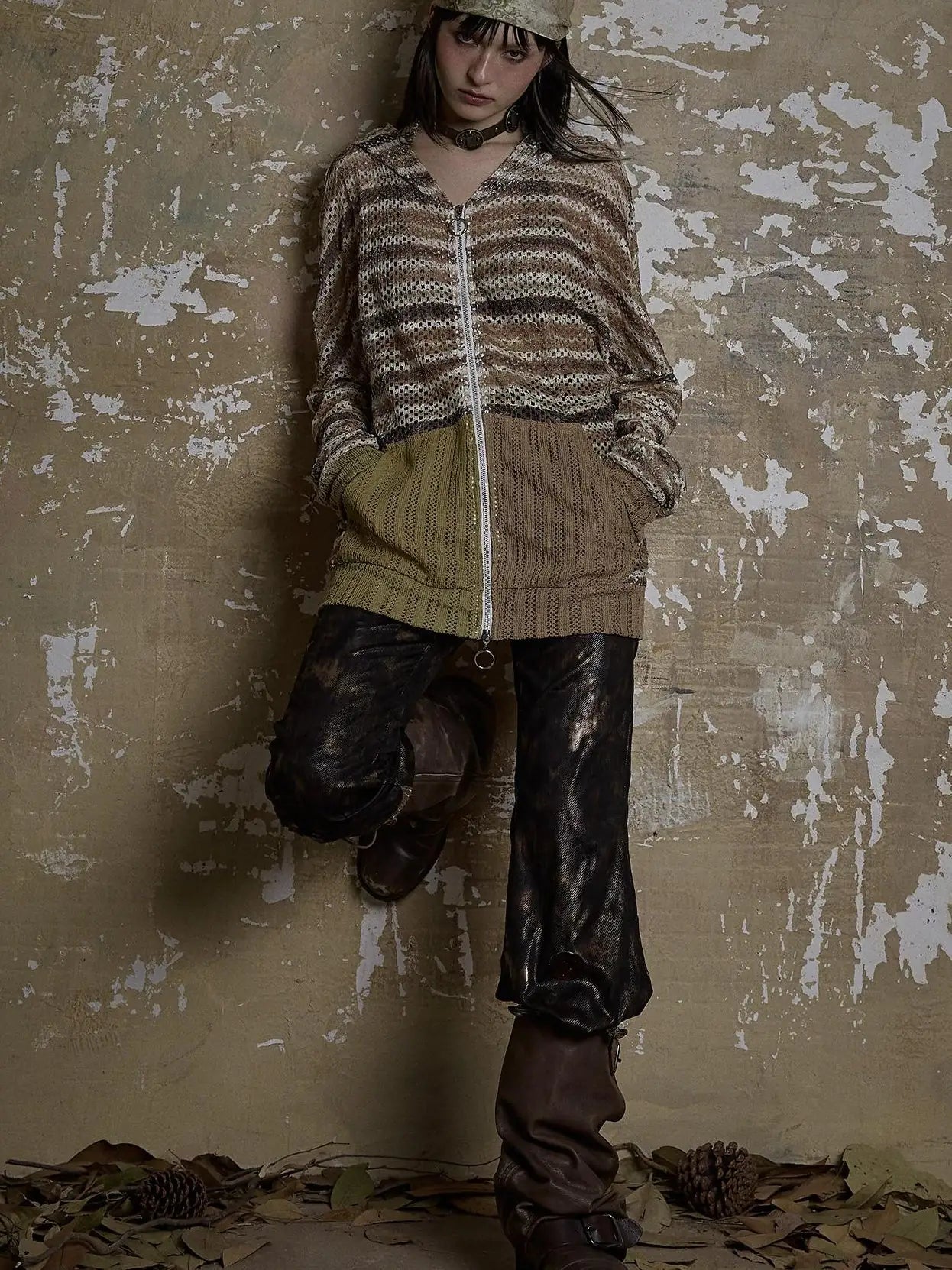 Y2K Bunny Ear Striped Cutout Oversized Hoodie