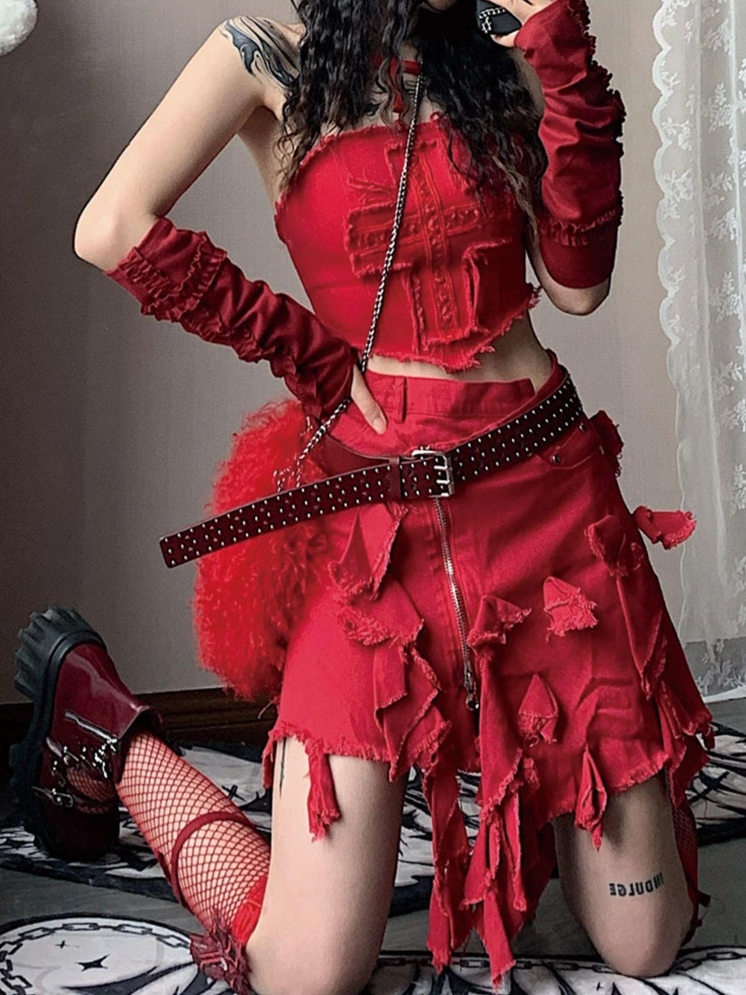 WSW WUSHENWU Y2K Cross Lace Denim Mini Skirt