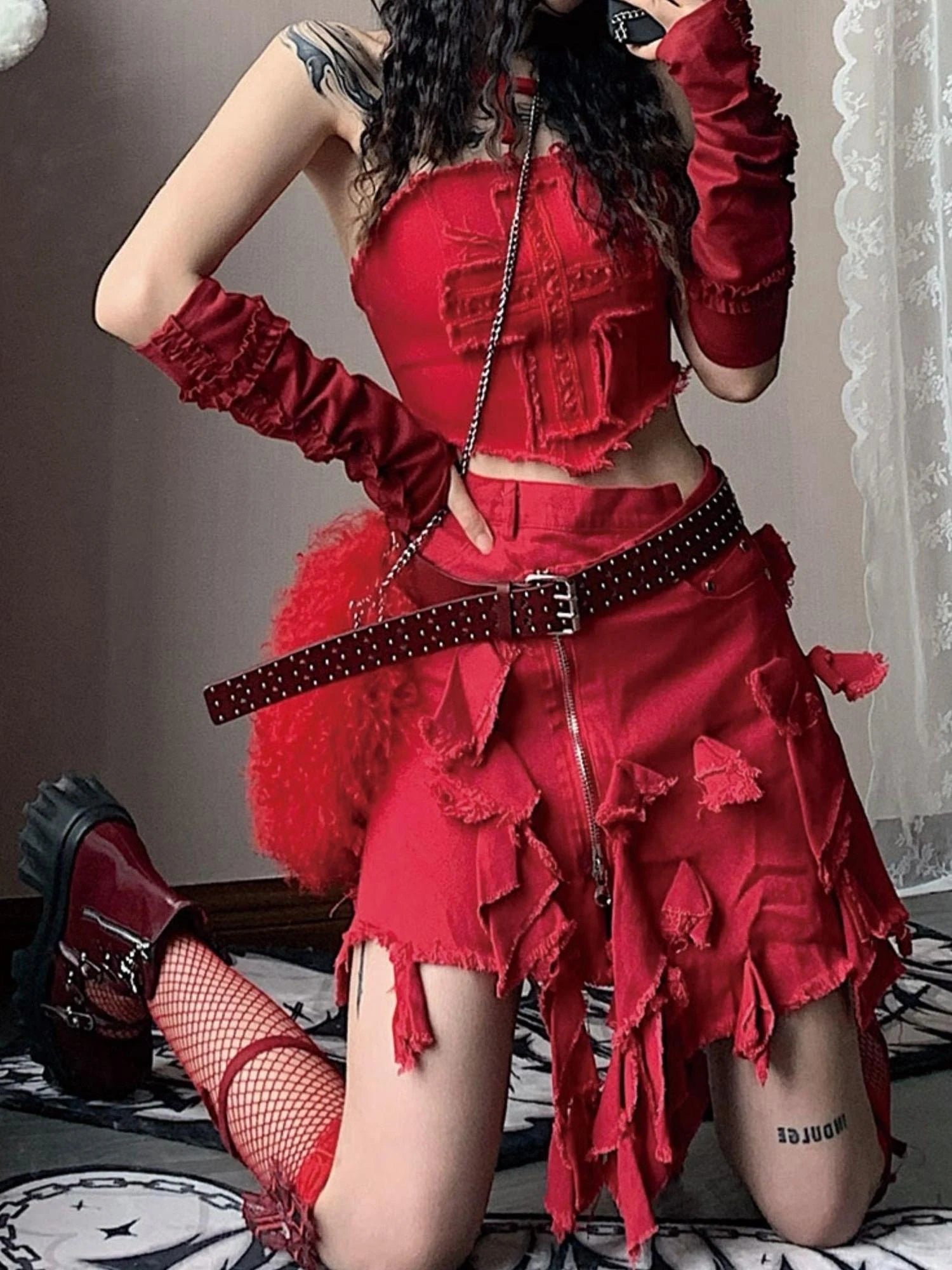 Y2K Cross Lace Denim Mini Skirt