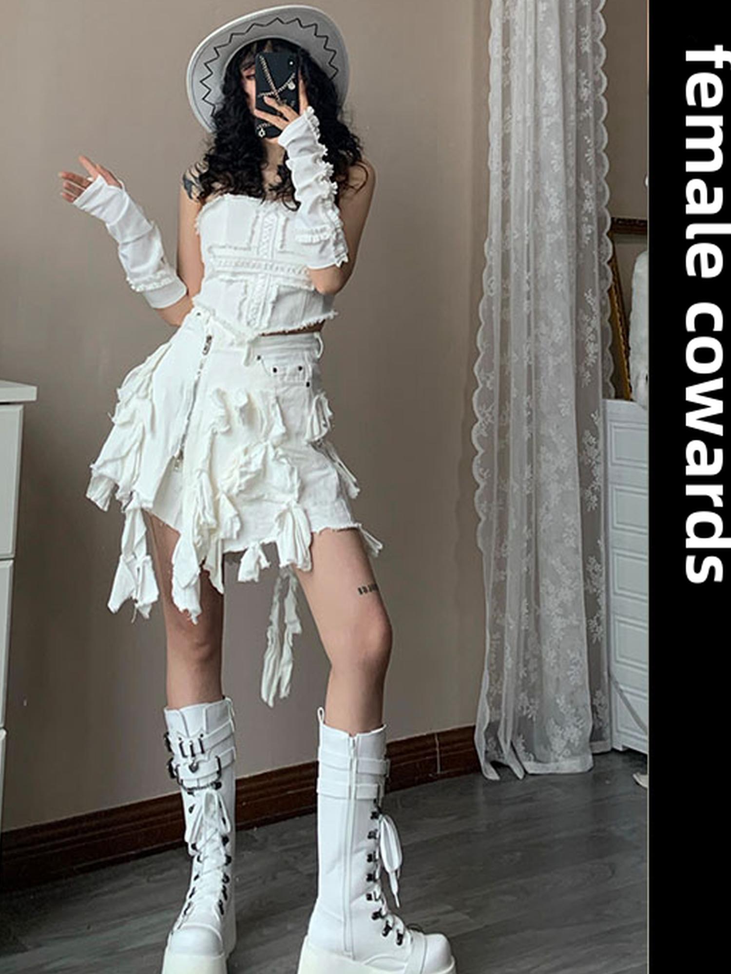 WSW WUSHENWU Y2K Cross Lace Denim Mini Skirt