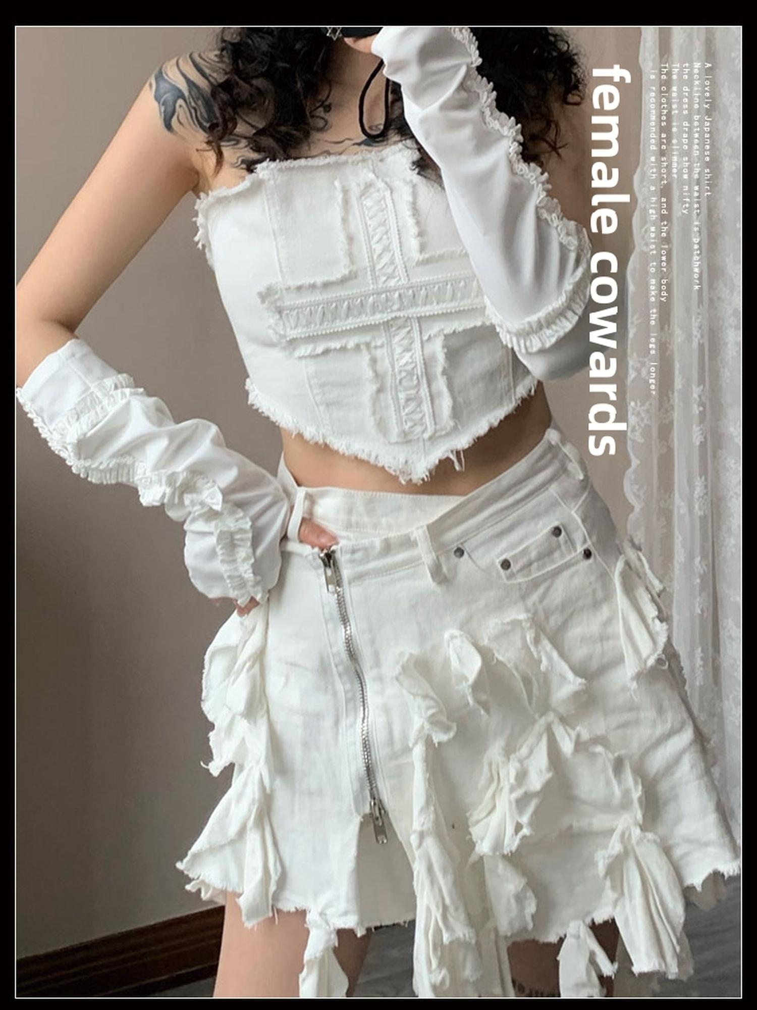 WSW WUSHENWU Y2K Cross Lace Denim Mini Skirt