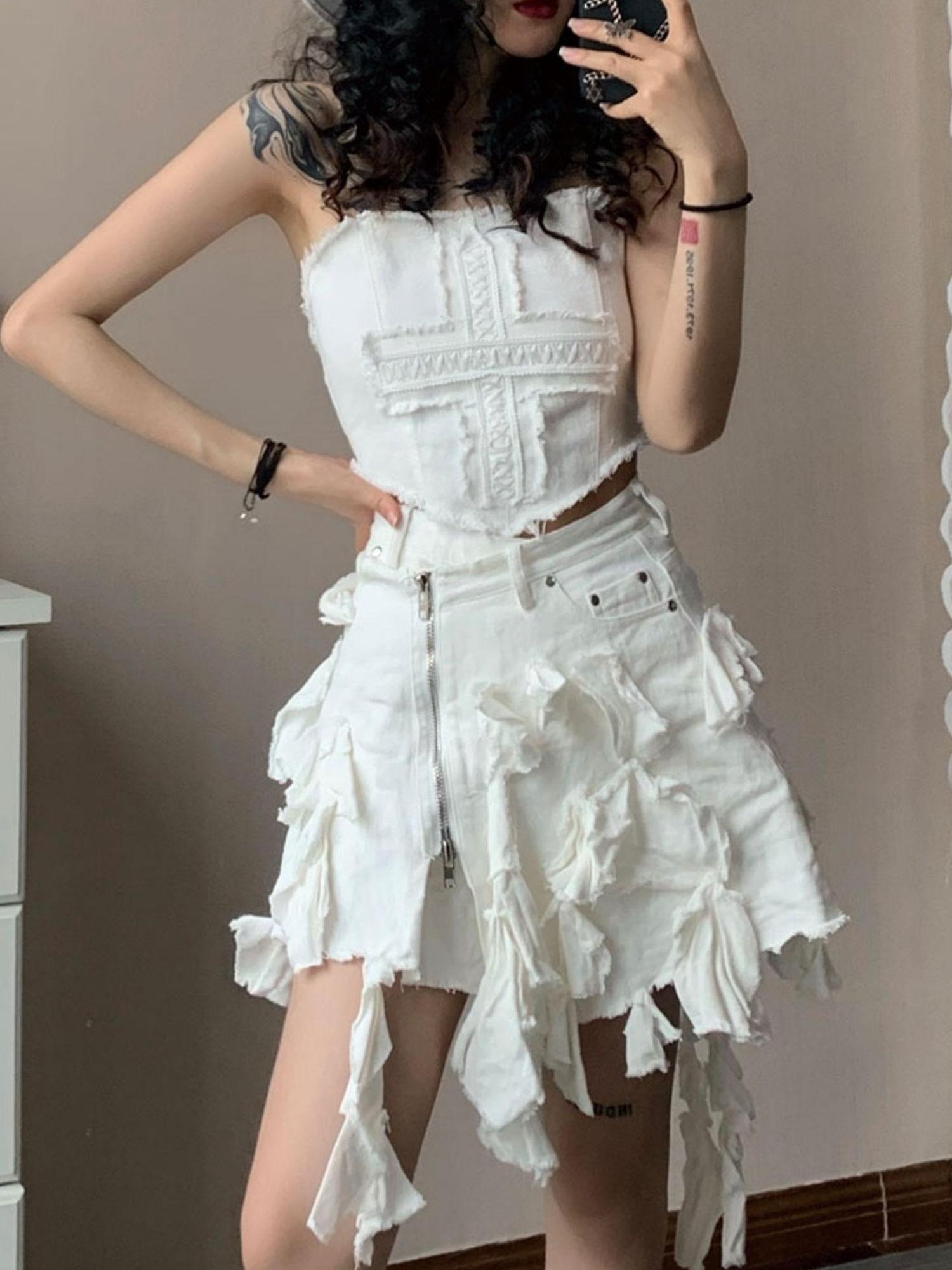 WSW WUSHENWU Y2K Cross Lace Denim Mini Skirt