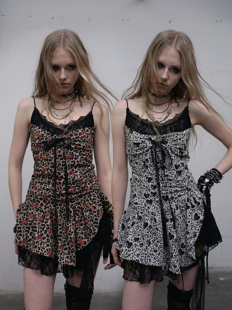 NO ROMANCE Y2K Harajuku Cheetah Lace Trim Slim Dress