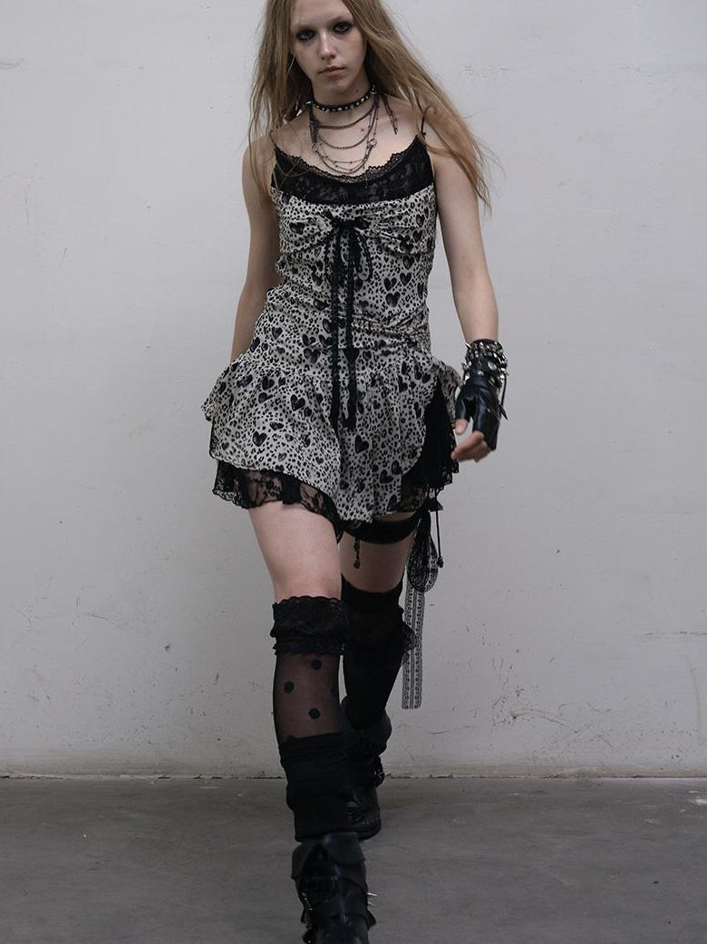 NO ROMANCE Y2K Harajuku Cheetah Lace Trim Slim Dress