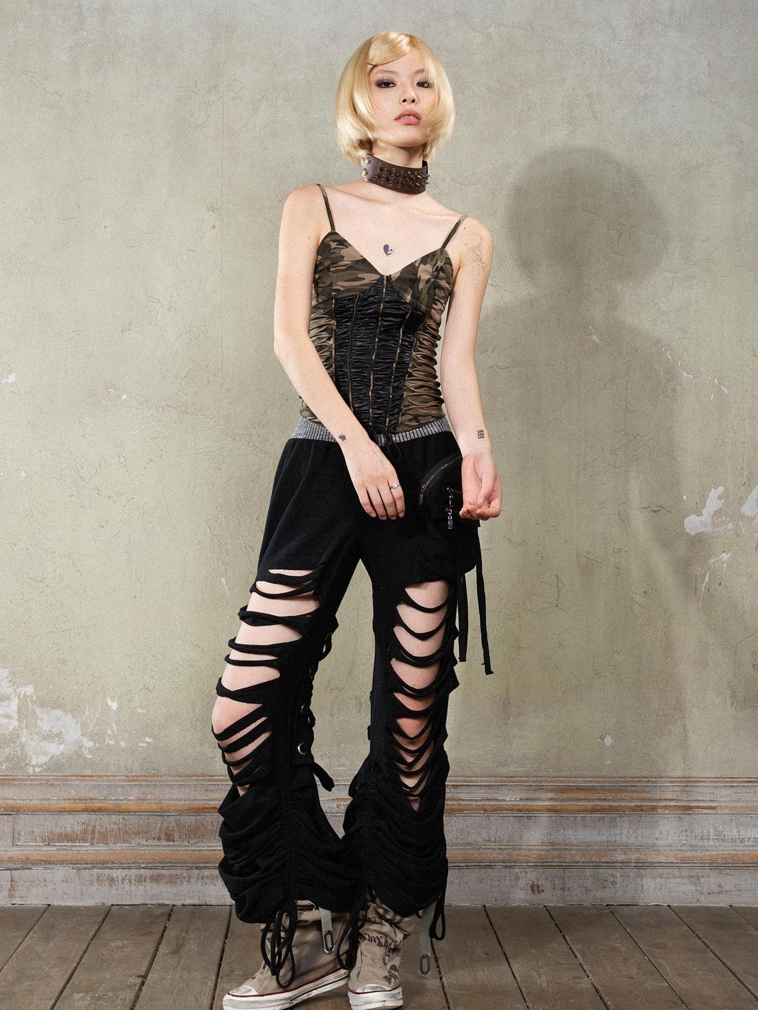 ARIADNAw Y2K Low Rise Ripped Wide Leg Punk Denim Pants