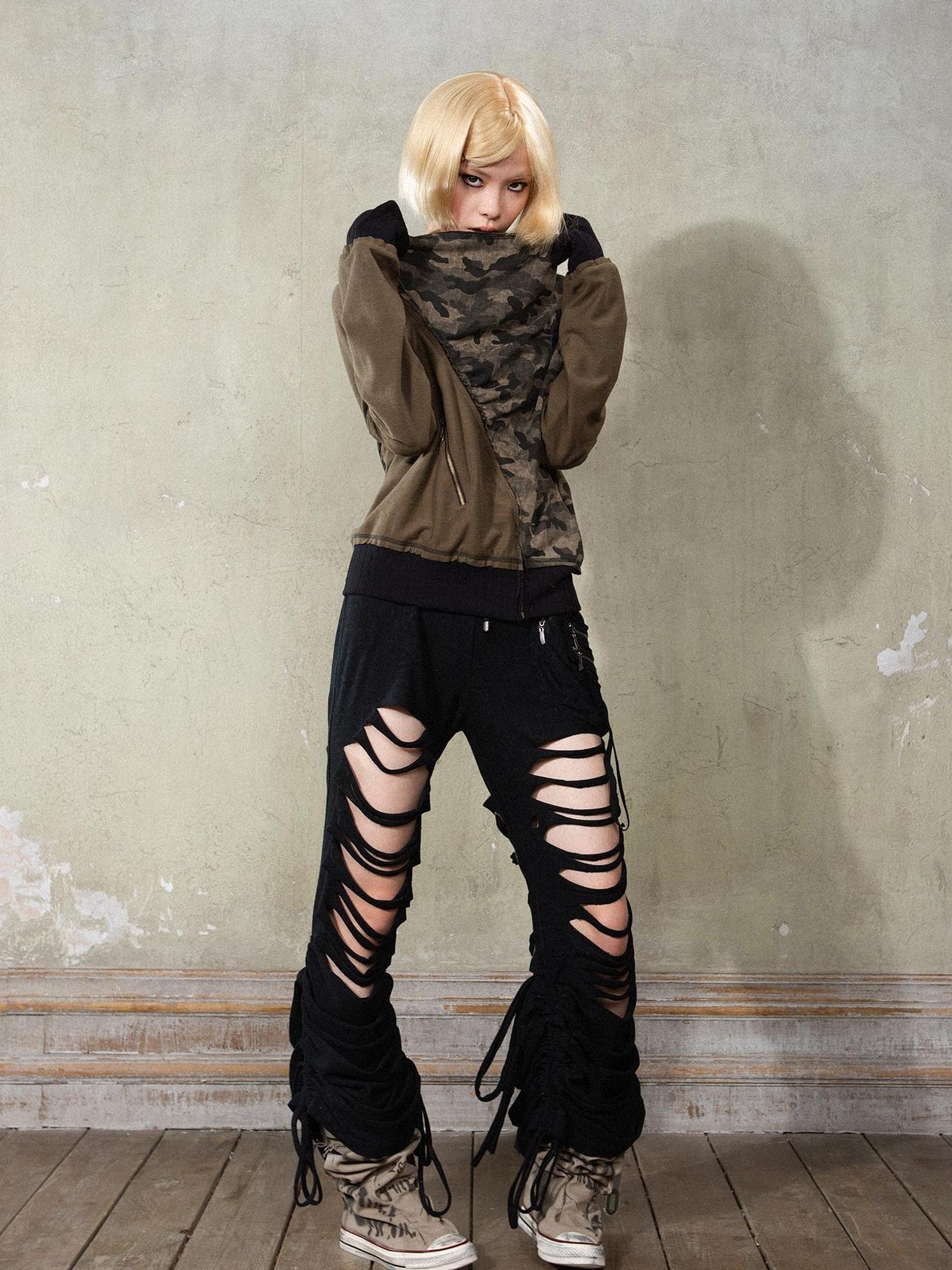 ARIADNAw Y2K Low Rise Ripped Wide Leg Punk Denim Pants