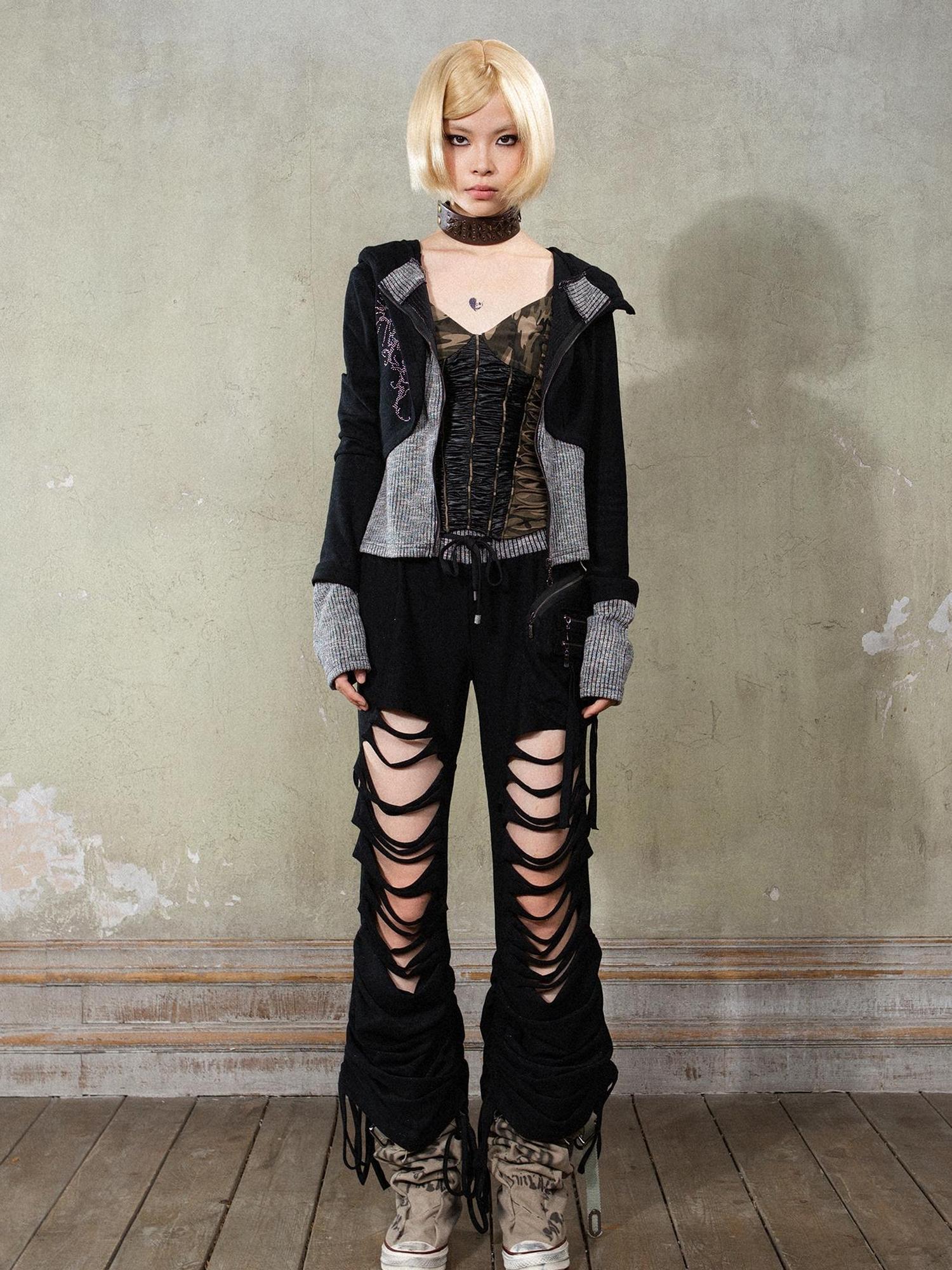 ARIADNAw Y2K Low Rise Ripped Wide Leg Punk Denim Pants