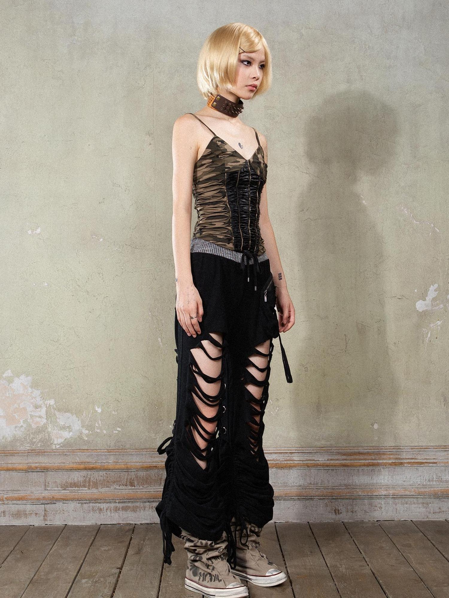 ARIADNAw Y2K Low Rise Ripped Wide Leg Punk Denim Pants