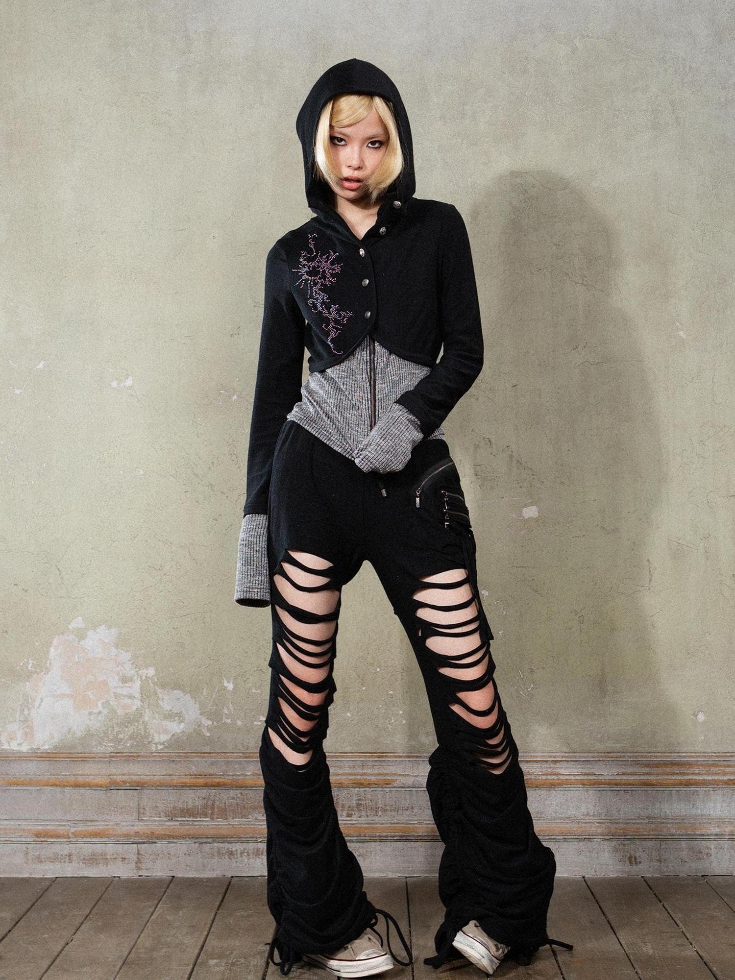 ARIADNAw Y2K Low Rise Ripped Wide Leg Punk Denim Pants