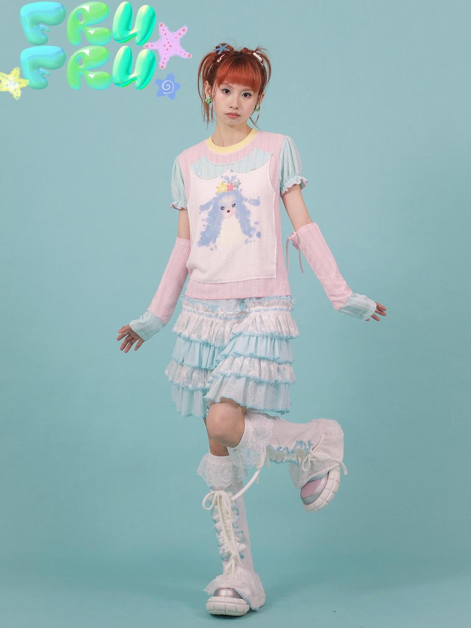 Frufru Gulu Y2K Pink Blue Contrast Puppy Print Cotton Tee For Girls