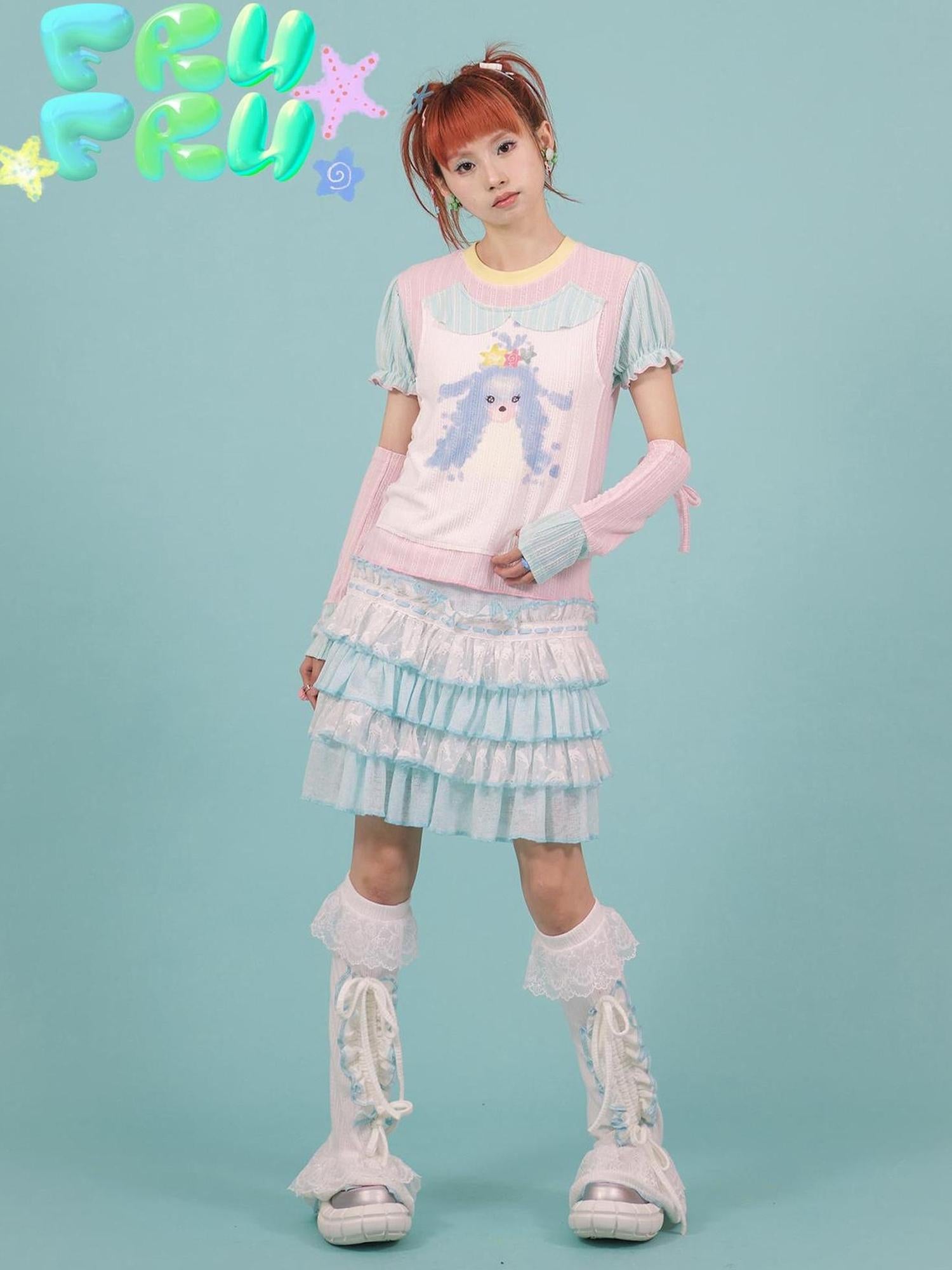 Frufru Gulu Y2K Pink Blue Contrast Puppy Print Cotton Tee For Girls