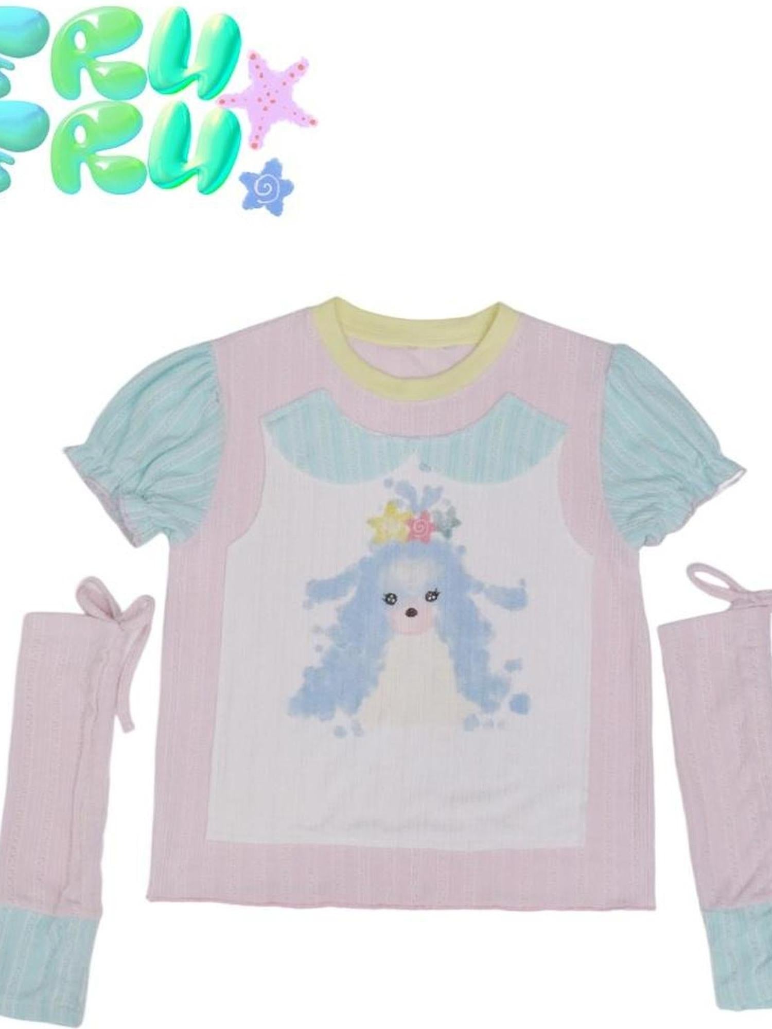 Frufru Gulu Y2K Pink Blue Contrast Puppy Print Cotton Tee For Girls