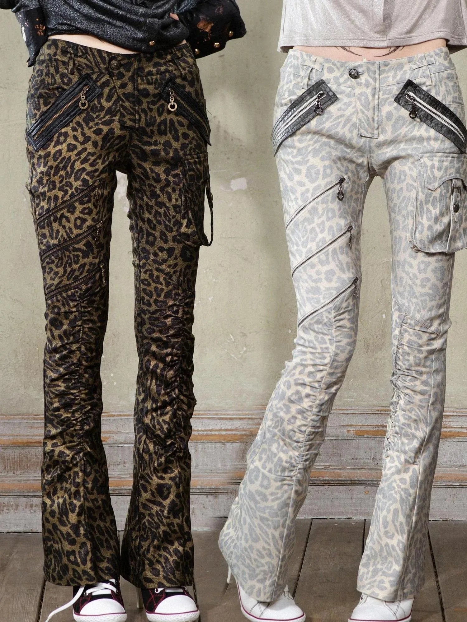 Y2K Punk Patchwork Flared Pants Retro Grunge Low Rise Leopard