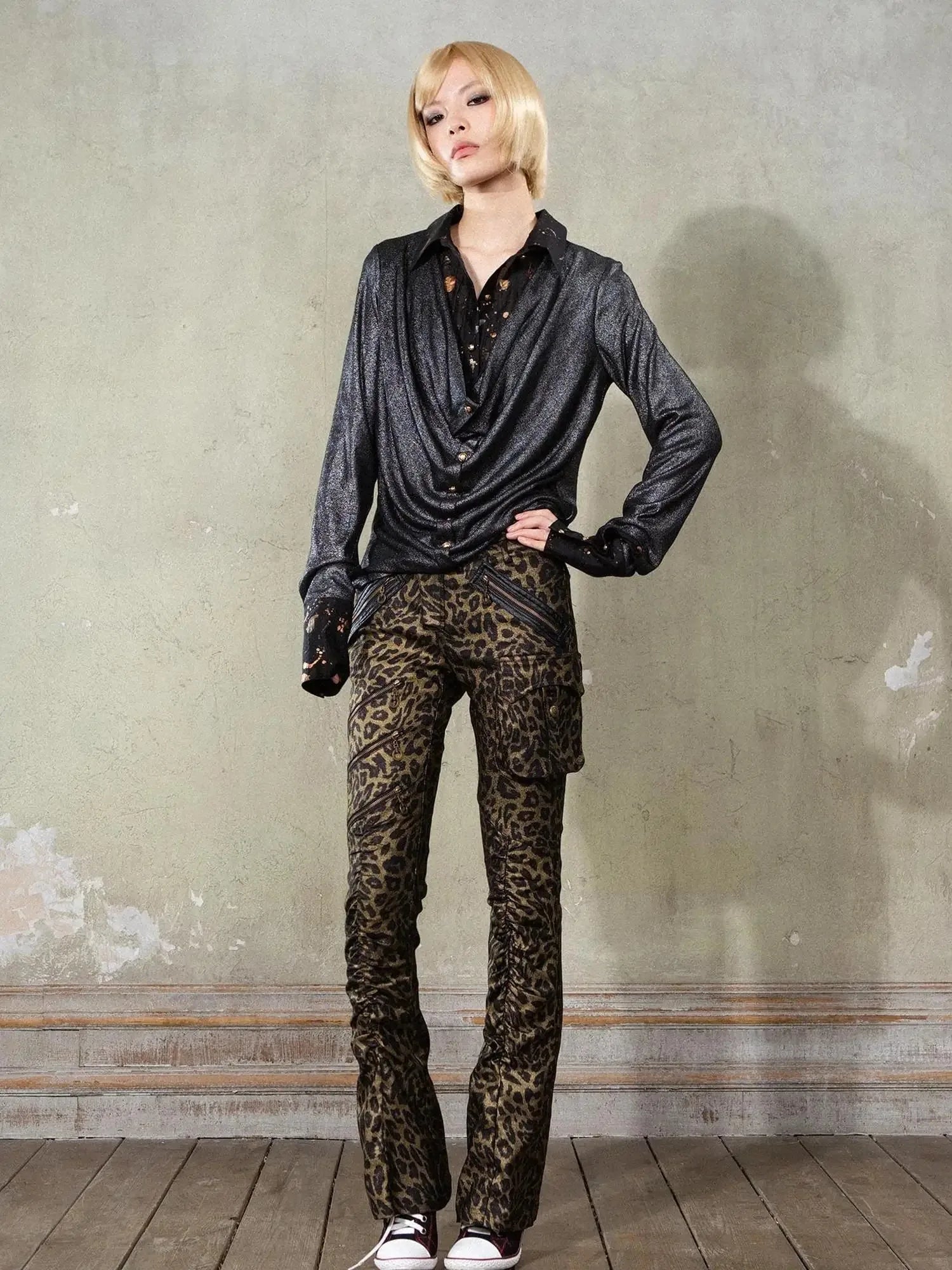 Y2K Punk Patchwork Flared Pants Retro Grunge Low Rise Leopard