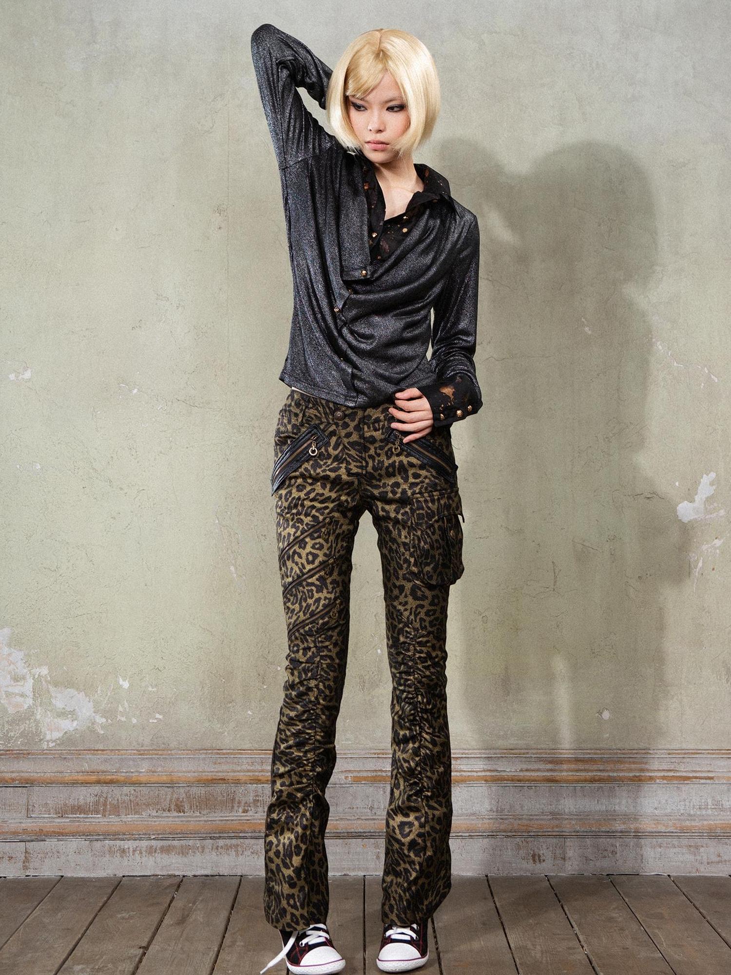 ARIADNAw Y2K Punk Patchwork Flared Pants Retro Grunge Low Rise Leopard