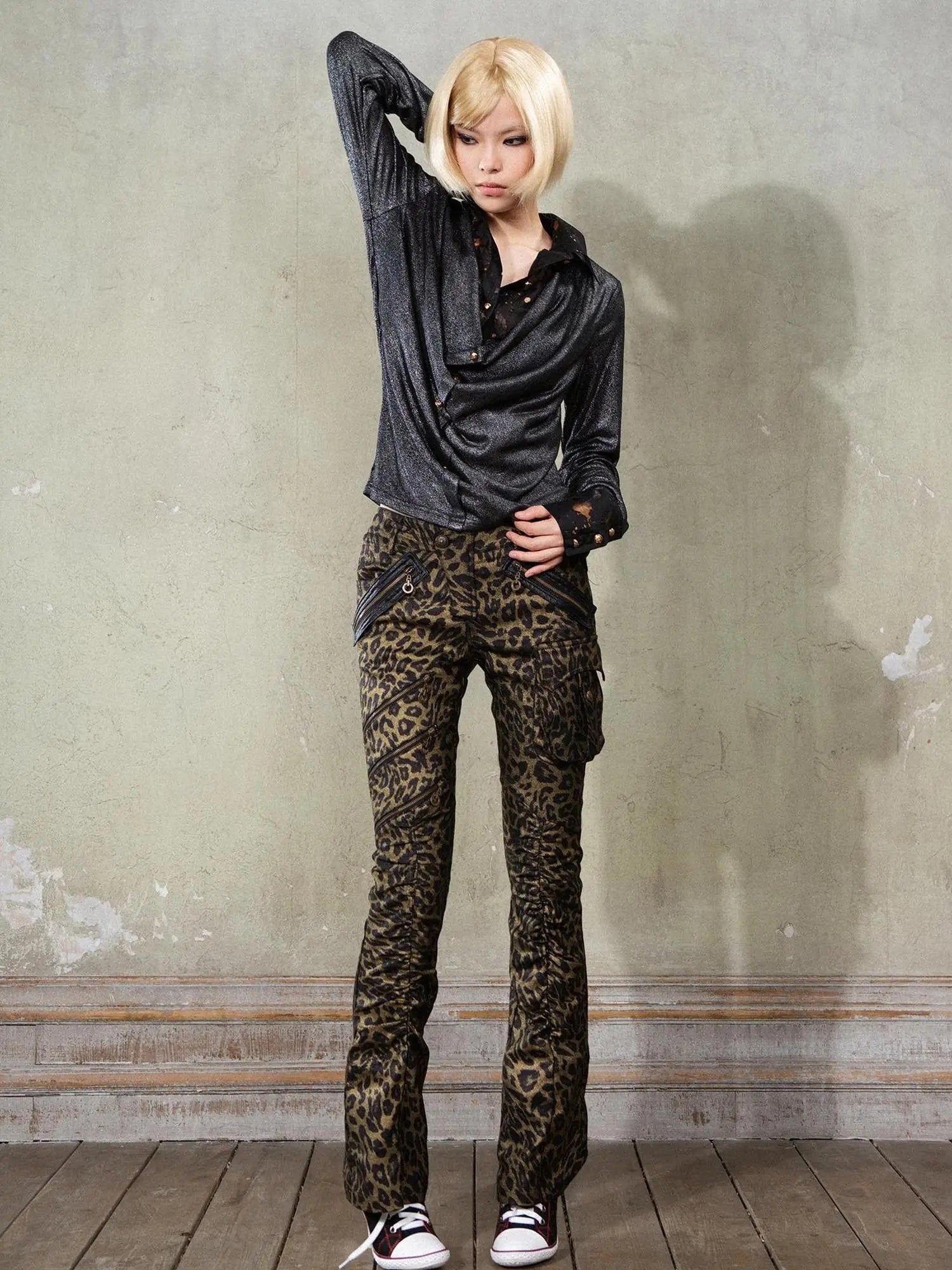 Y2K Punk Patchwork Flared Pants Retro Grunge Low Rise Leopard