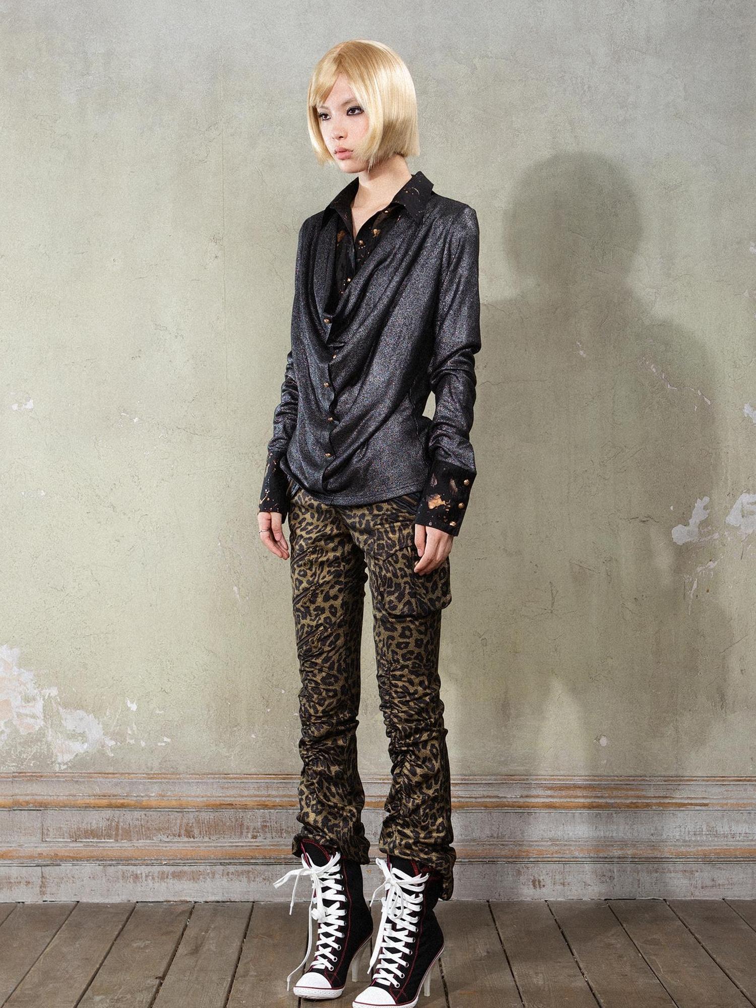 ARIADNAw Y2K Punk Patchwork Flared Pants Retro Grunge Low Rise Leopard