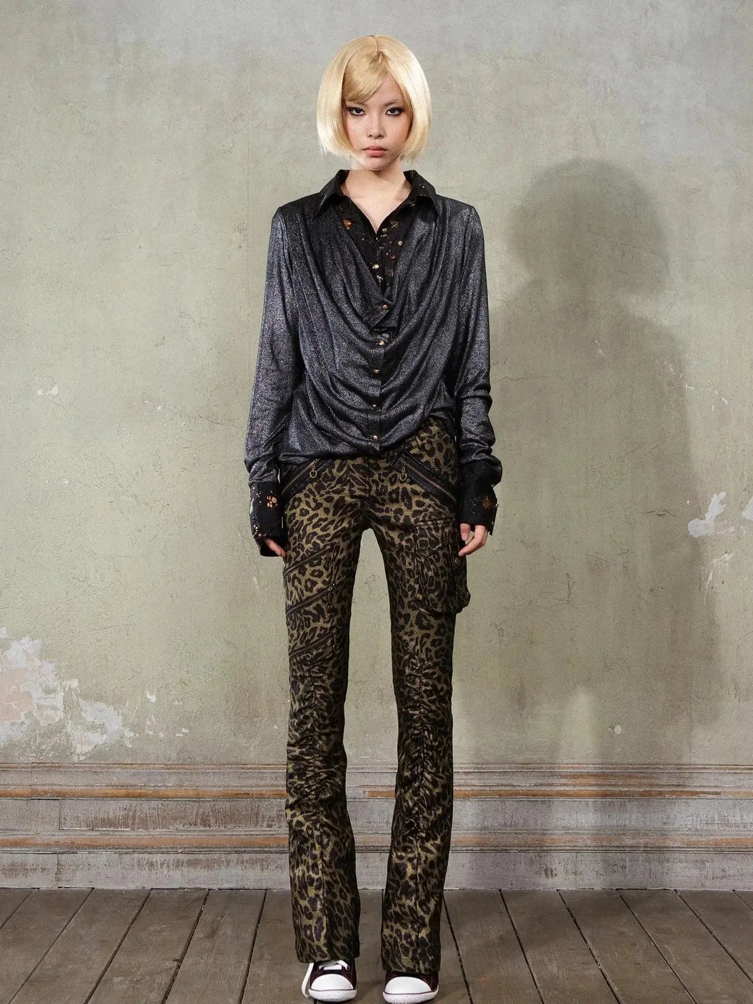 Y2K Punk Patchwork Flared Pants Retro Grunge Low Rise Leopard