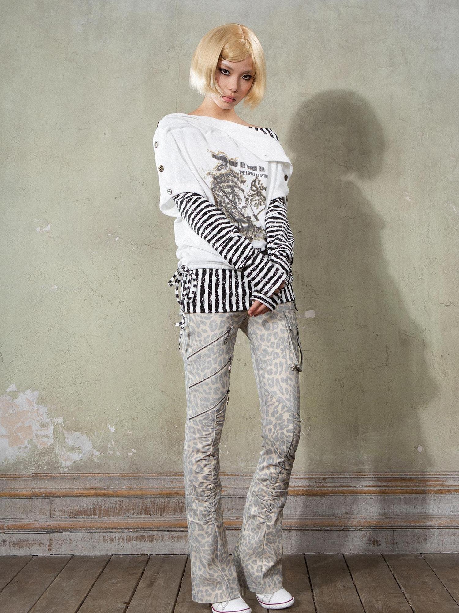 ARIADNAw Y2K Punk Patchwork Flared Pants Retro Grunge Low Rise Leopard
