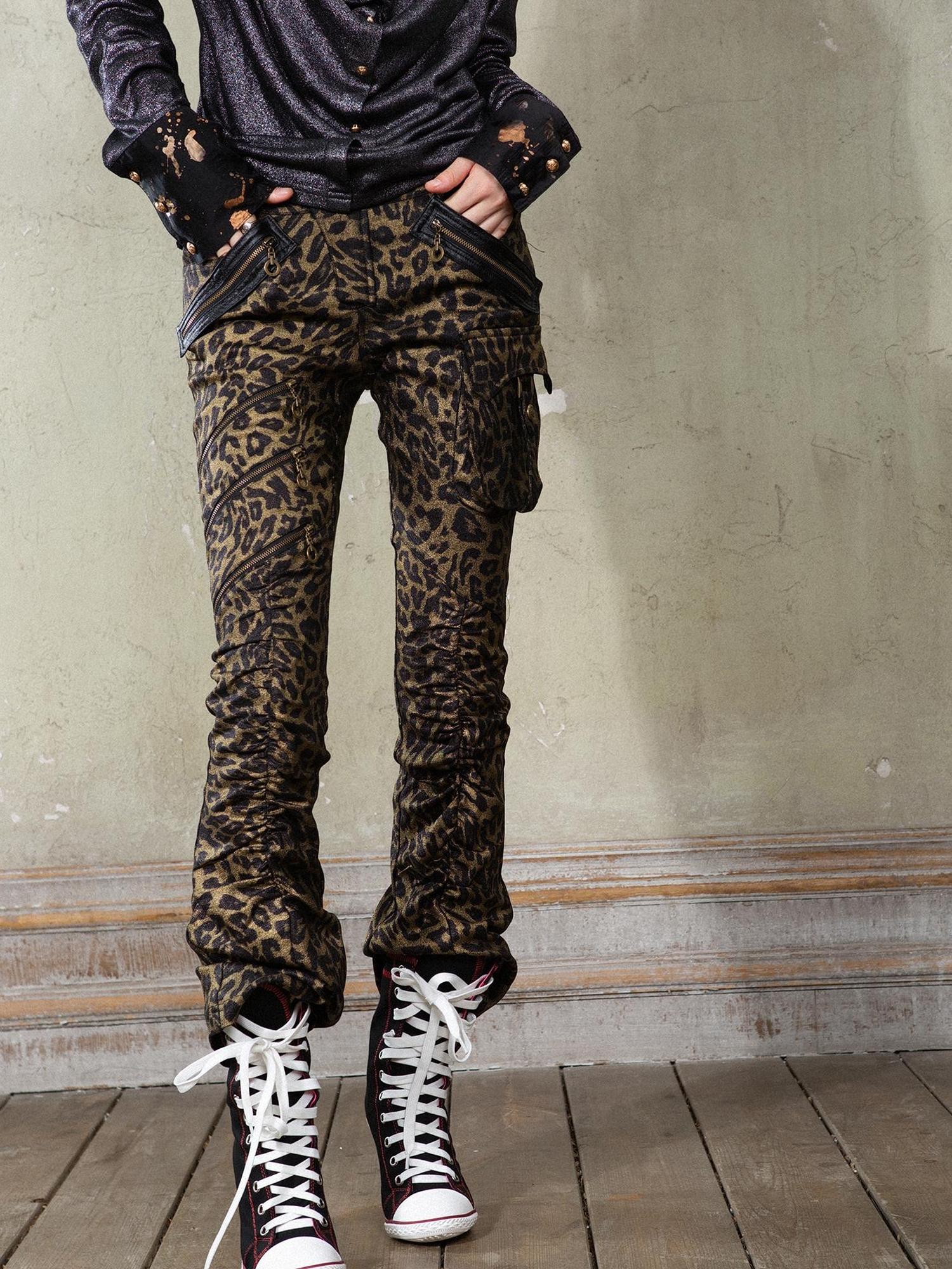 ARIADNAw Y2K Punk Patchwork Flared Pants Retro Grunge Low Rise Leopard