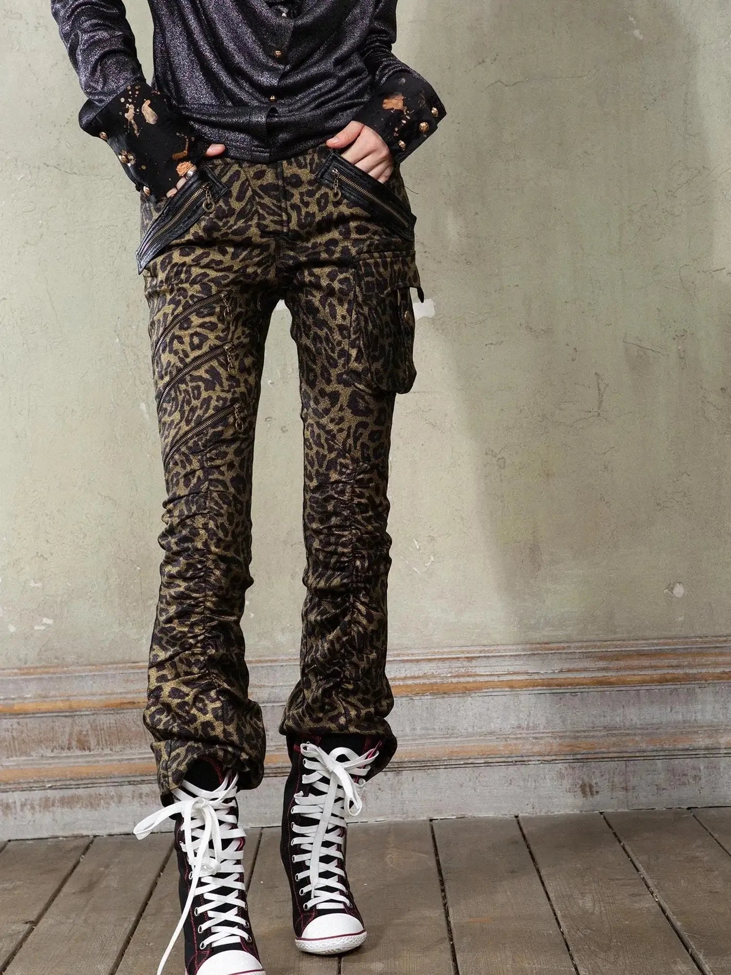 Y2K Punk Patchwork Flared Pants Retro Grunge Low Rise Leopard