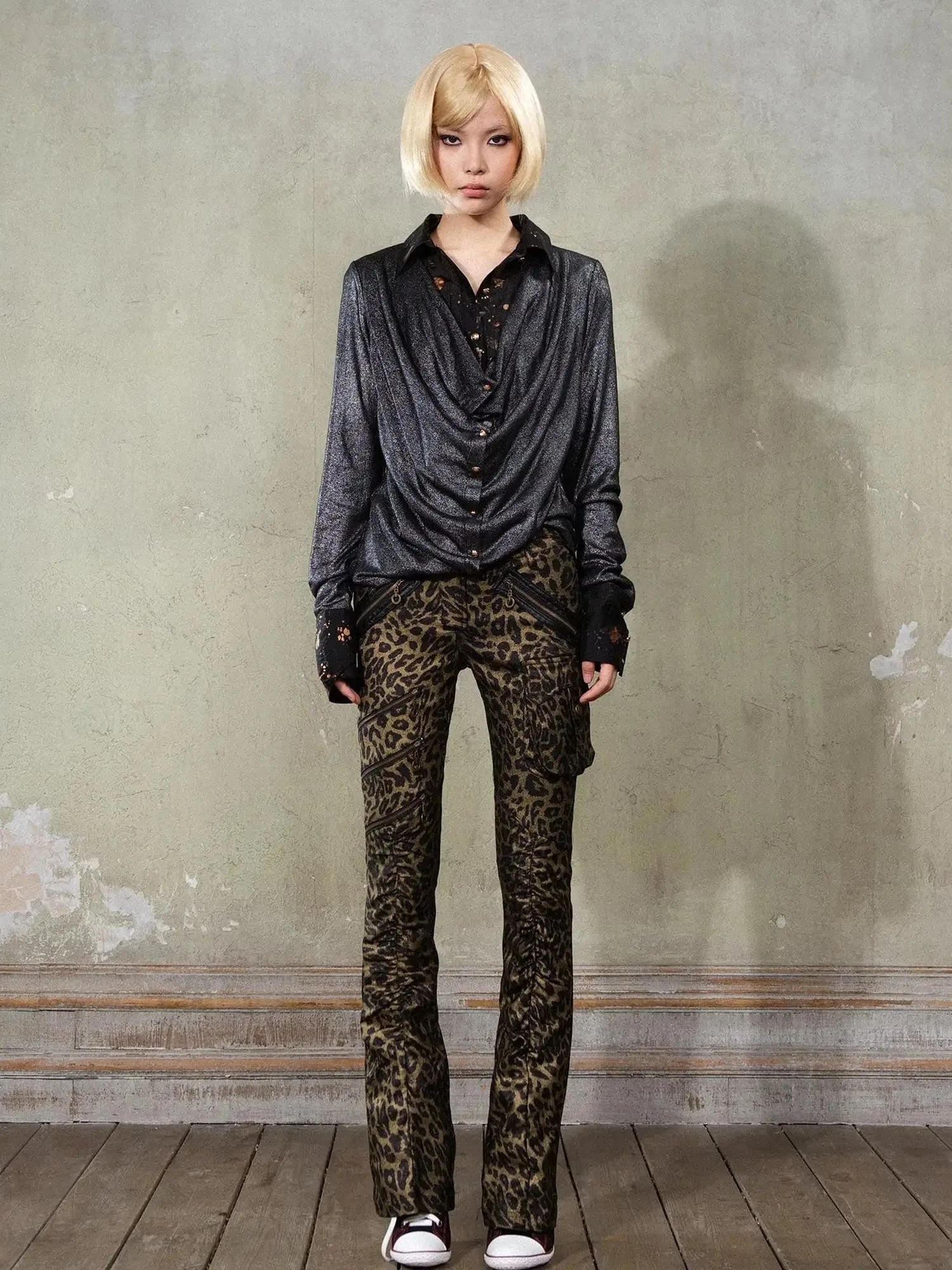 Y2K Punk Patchwork Flared Pants Retro Grunge Low Rise Leopard