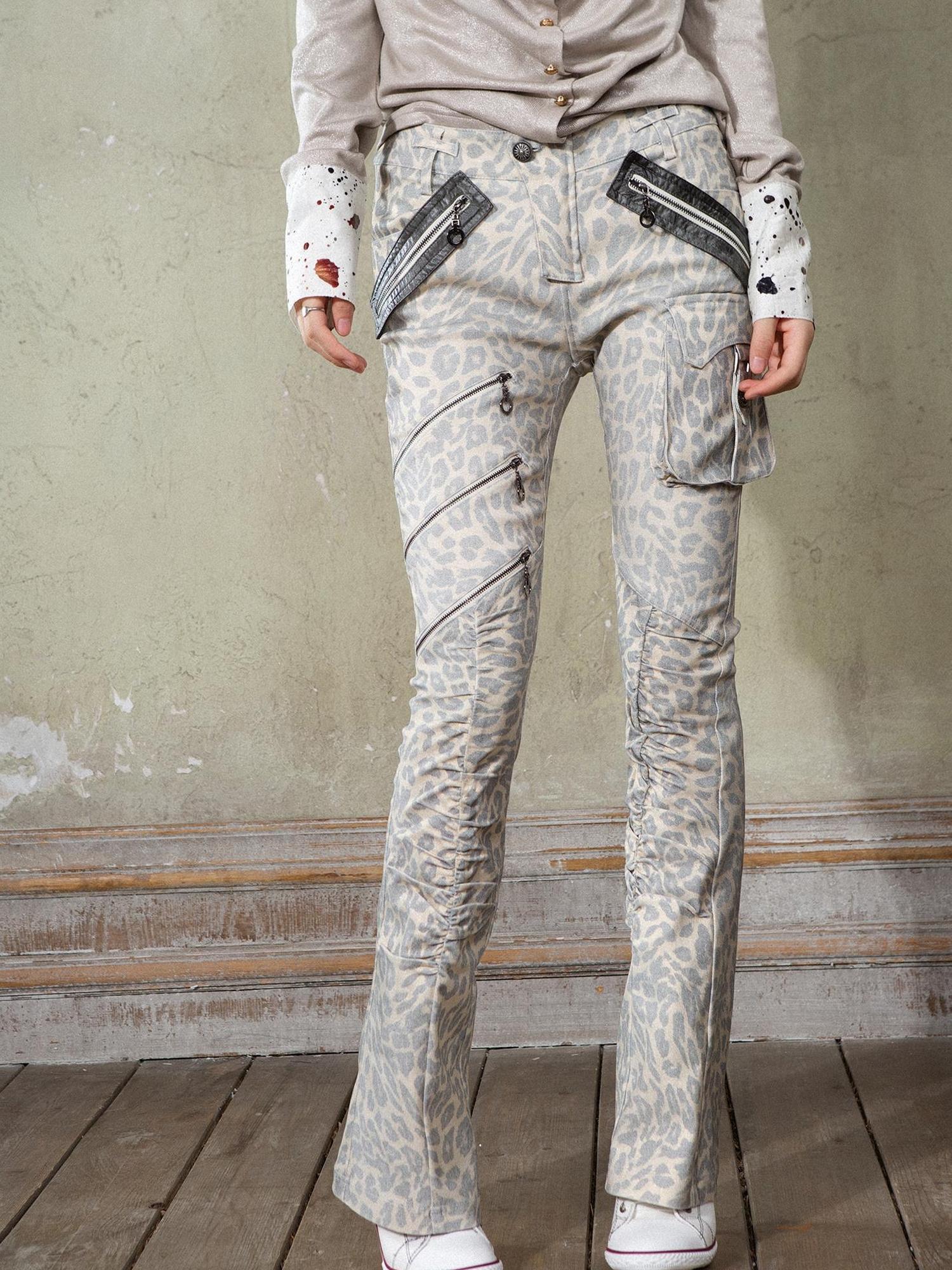 ARIADNAw Y2K Punk Patchwork Flared Pants Retro Grunge Low Rise Leopard