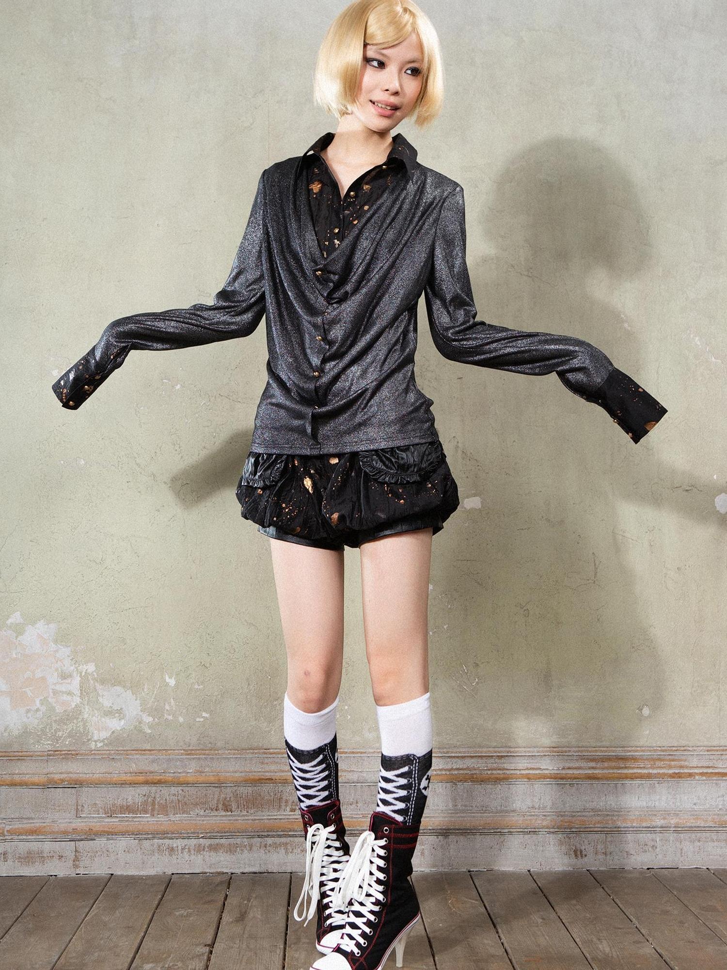 ARIADNAw Y2K Punk Puff Shorts Industrial Denim Patchwork Bloomers