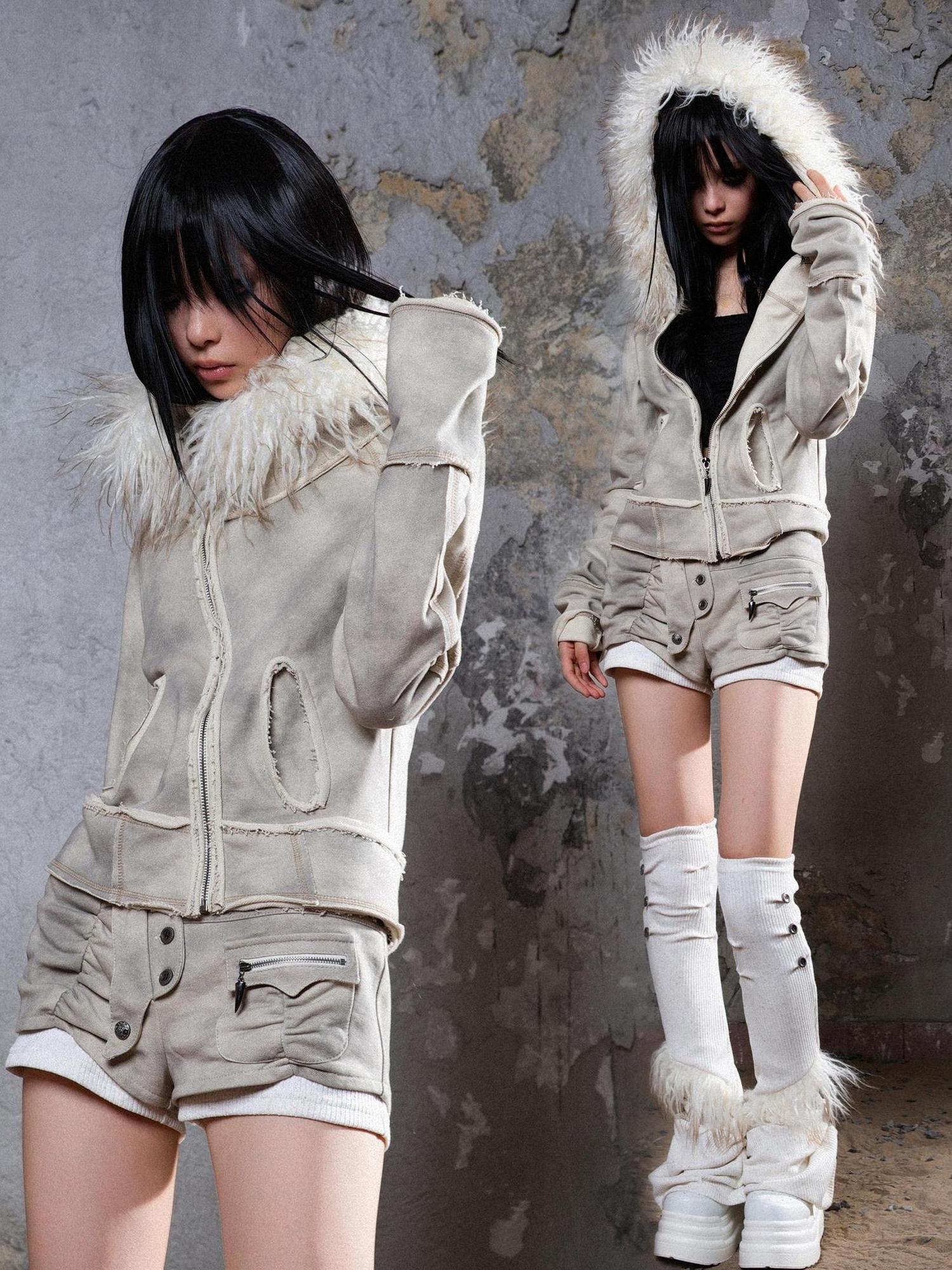 ARIADNAw Y2K Punk Sporty Cropped Jacket With Fur Trim 70% Acrylic 30% Polyester