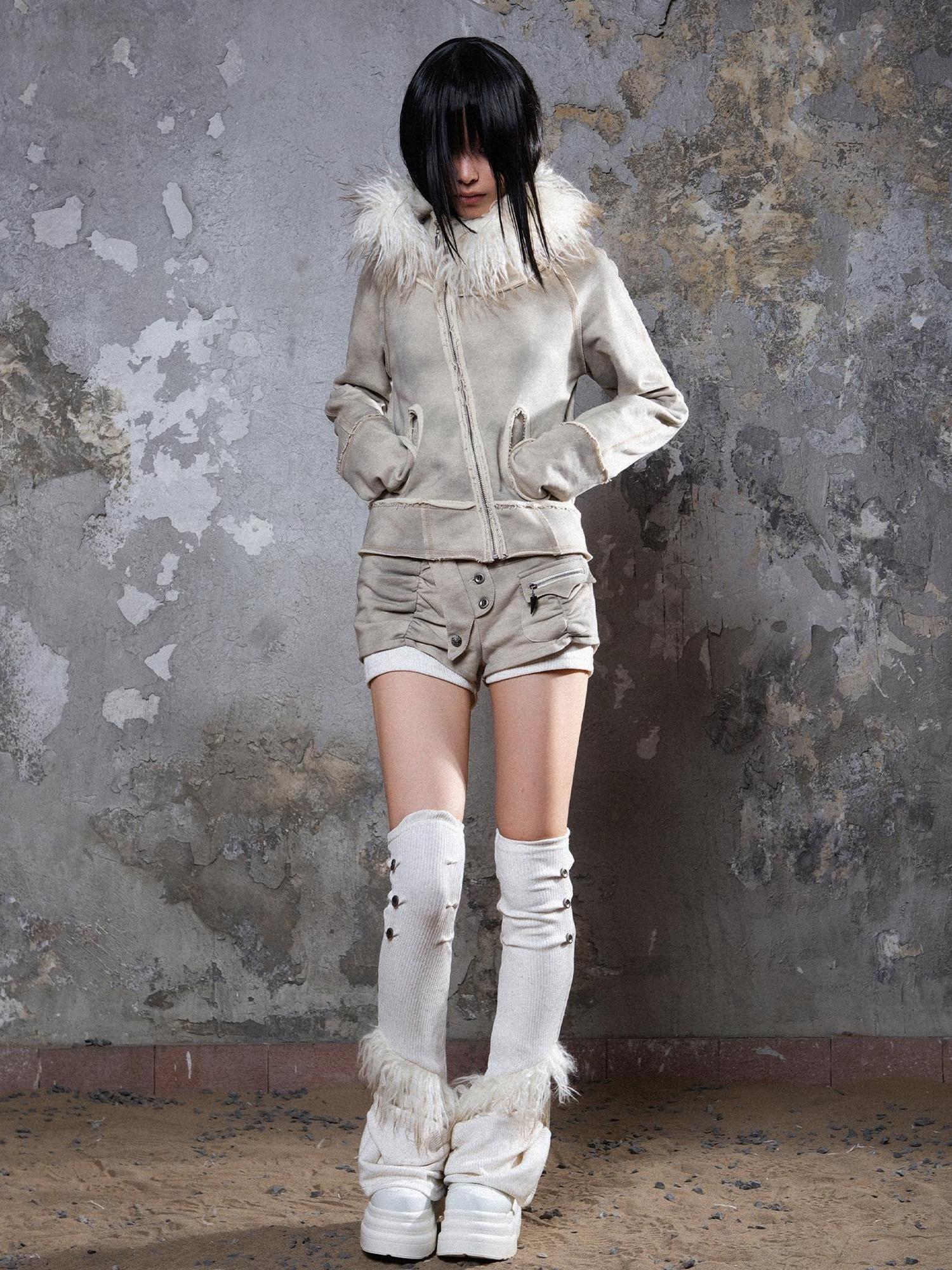 ARIADNAw Y2K Punk Sporty Cropped Jacket With Fur Trim 70% Acrylic 30% Polyester