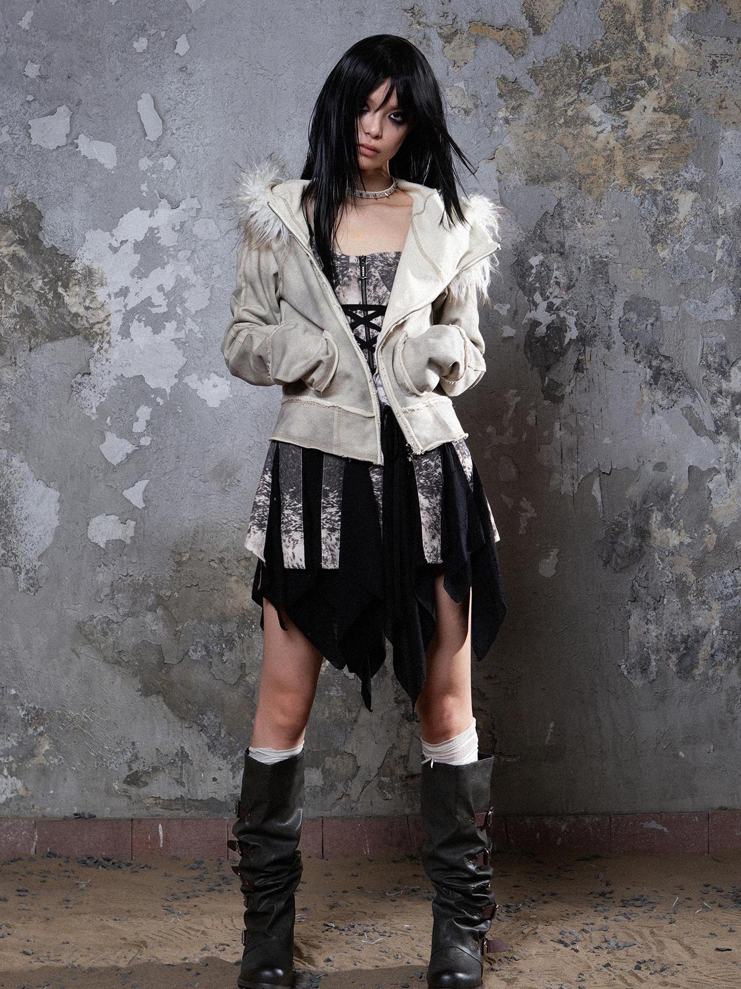 ARIADNAw Y2K Punk Sporty Cropped Jacket With Fur Trim 70% Acrylic 30% Polyester
