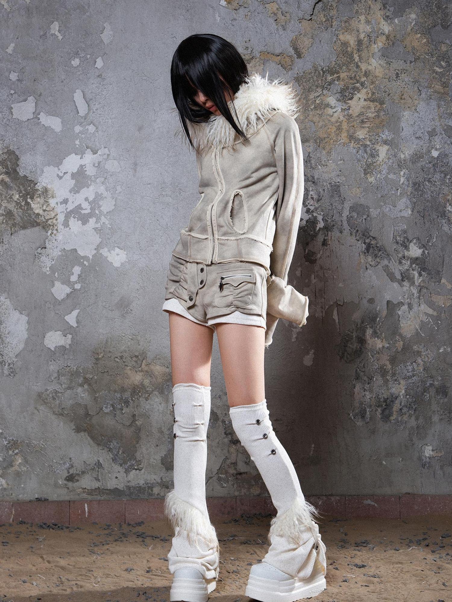 ARIADNAw Y2K Punk Sporty Cropped Jacket With Fur Trim 70% Acrylic 30% Polyester