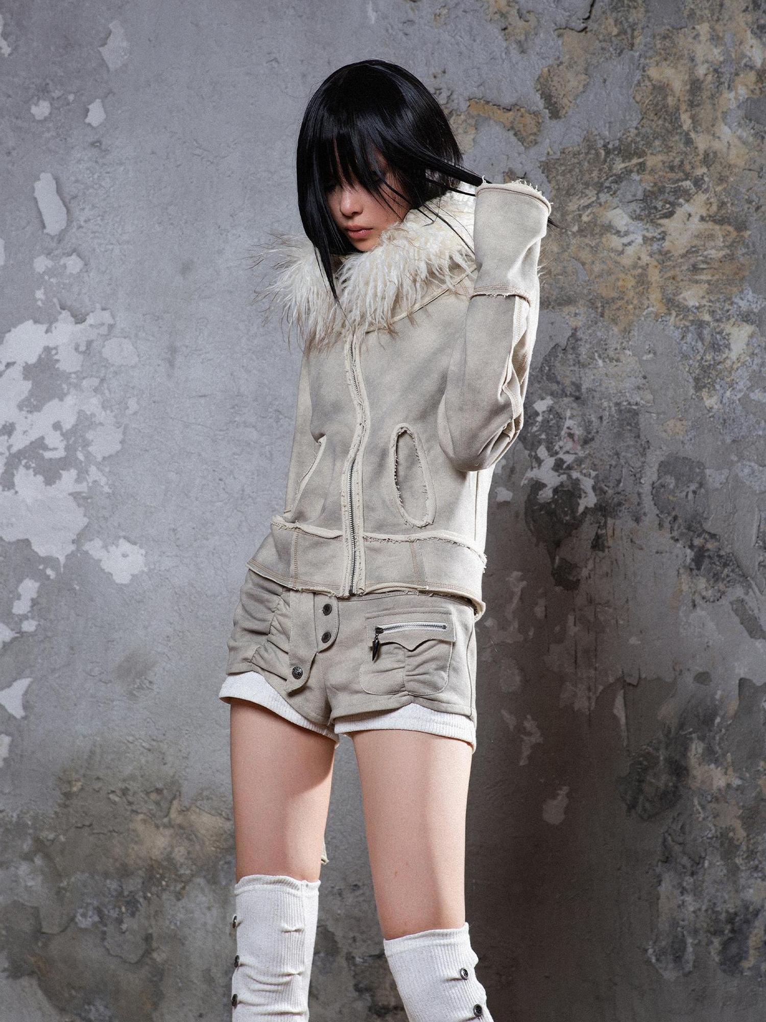 ARIADNAw Y2K Punk Sporty Cropped Jacket With Fur Trim 70% Acrylic 30% Polyester
