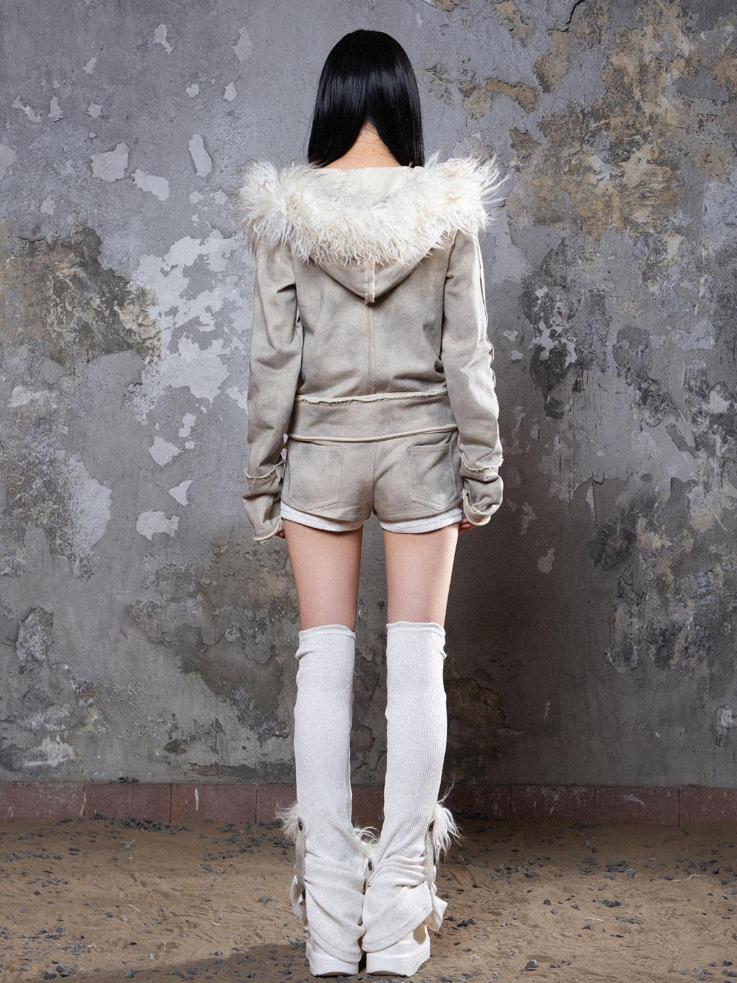 ARIADNAw Y2K Punk Sporty Cropped Jacket With Fur Trim 70% Acrylic 30% Polyester