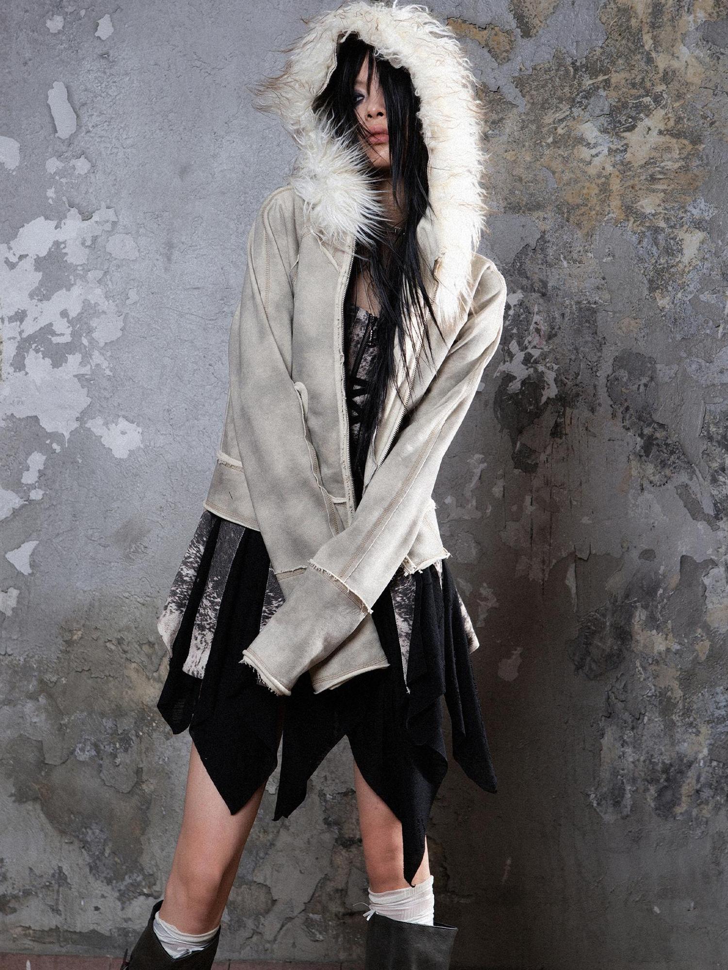 ARIADNAw Y2K Punk Sporty Cropped Jacket With Fur Trim 70% Acrylic 30% Polyester