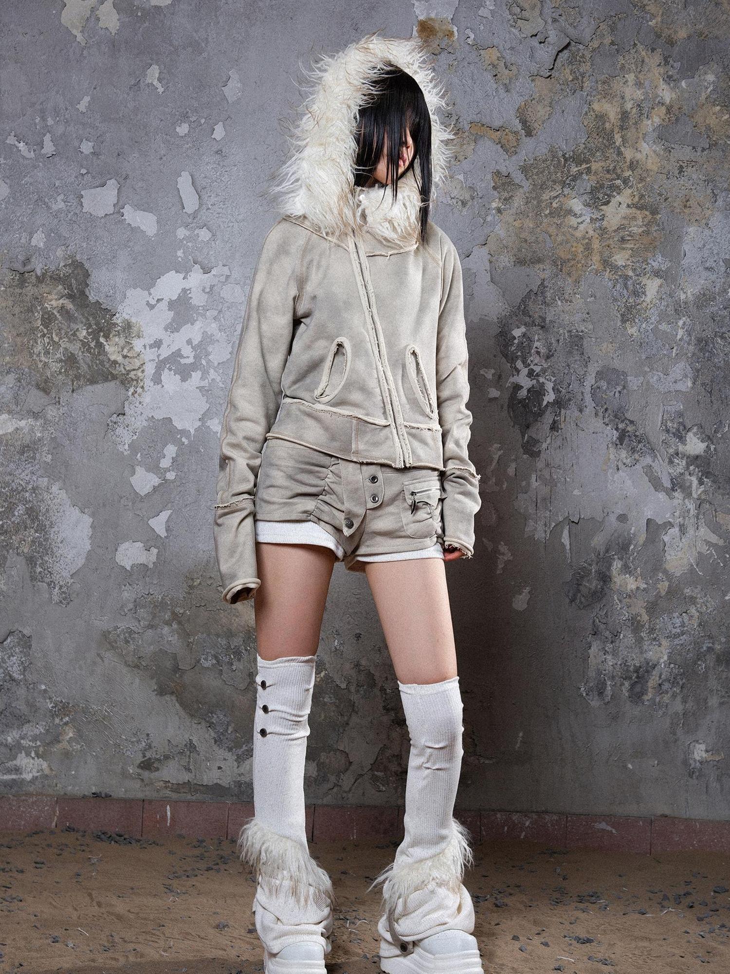 ARIADNAw Y2K Punk Sporty Cropped Jacket With Fur Trim 70% Acrylic 30% Polyester