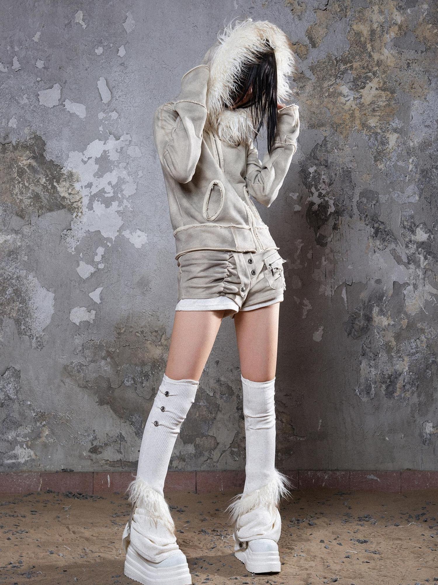 ARIADNAw Y2K Punk Sporty Cropped Jacket With Fur Trim 70% Acrylic 30% Polyester